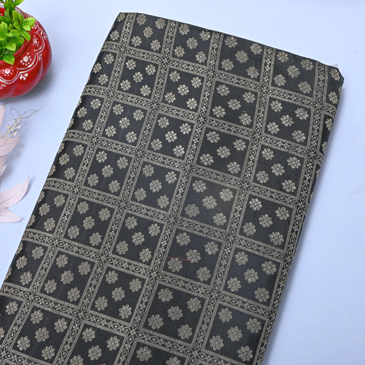 Onyx Black Silver Zari Floral Grid Self Weave Pattu Silk Fabric