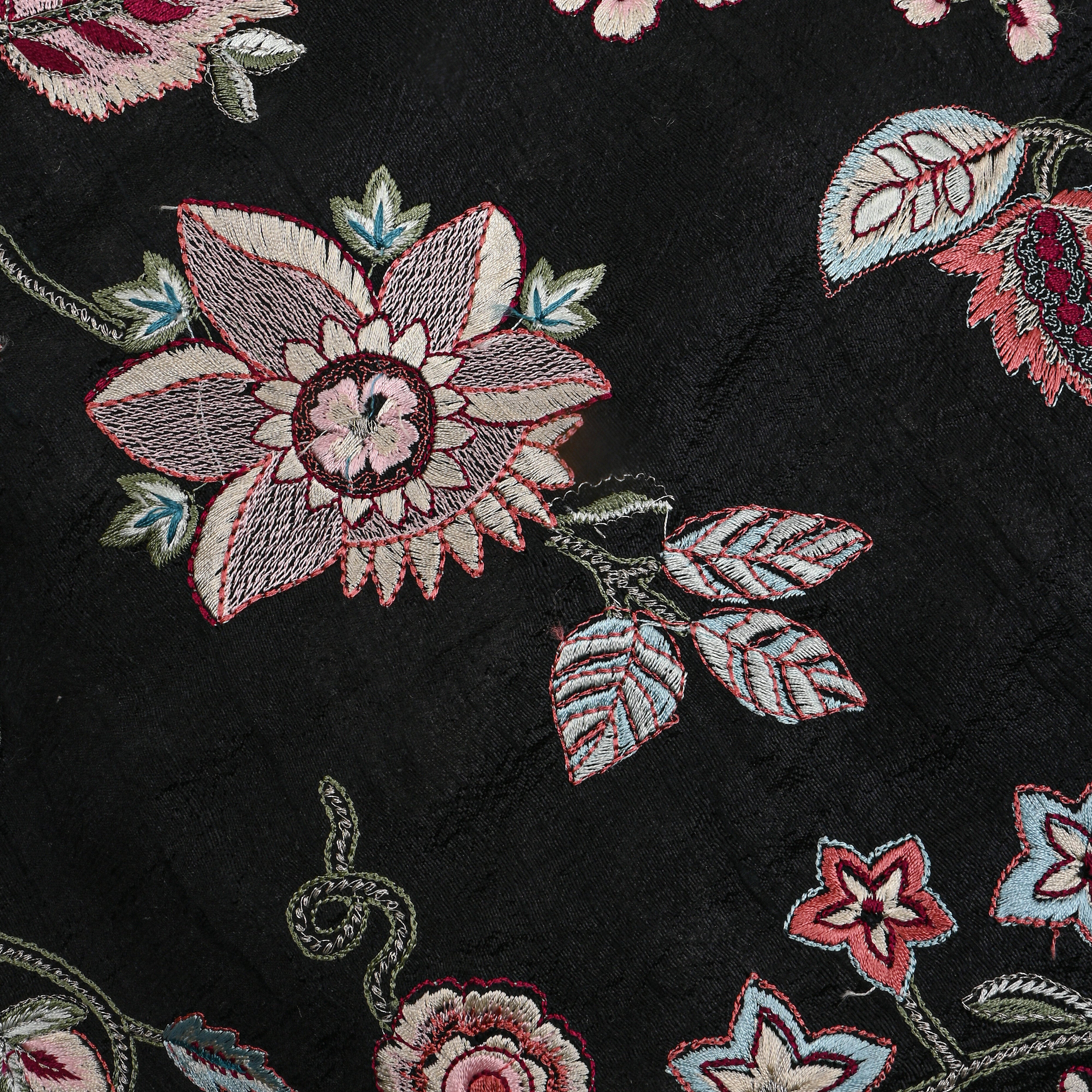 Black Floral Thread Work Raw Silk