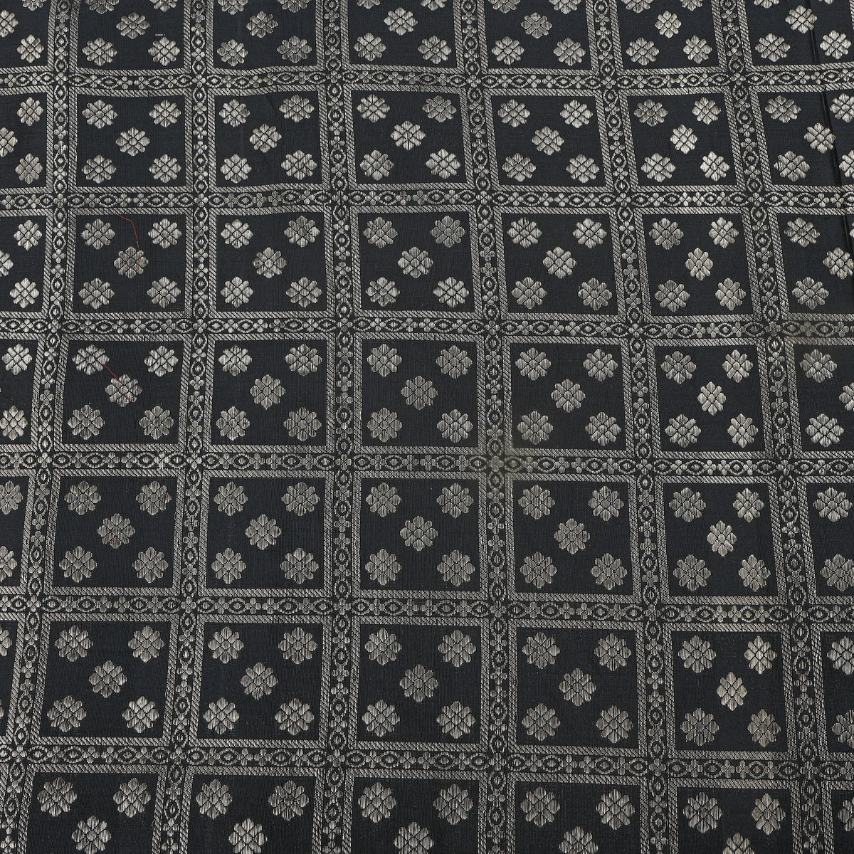 Onyx Black Silver Zari Floral Grid Self Weave Pattu Silk Fabric