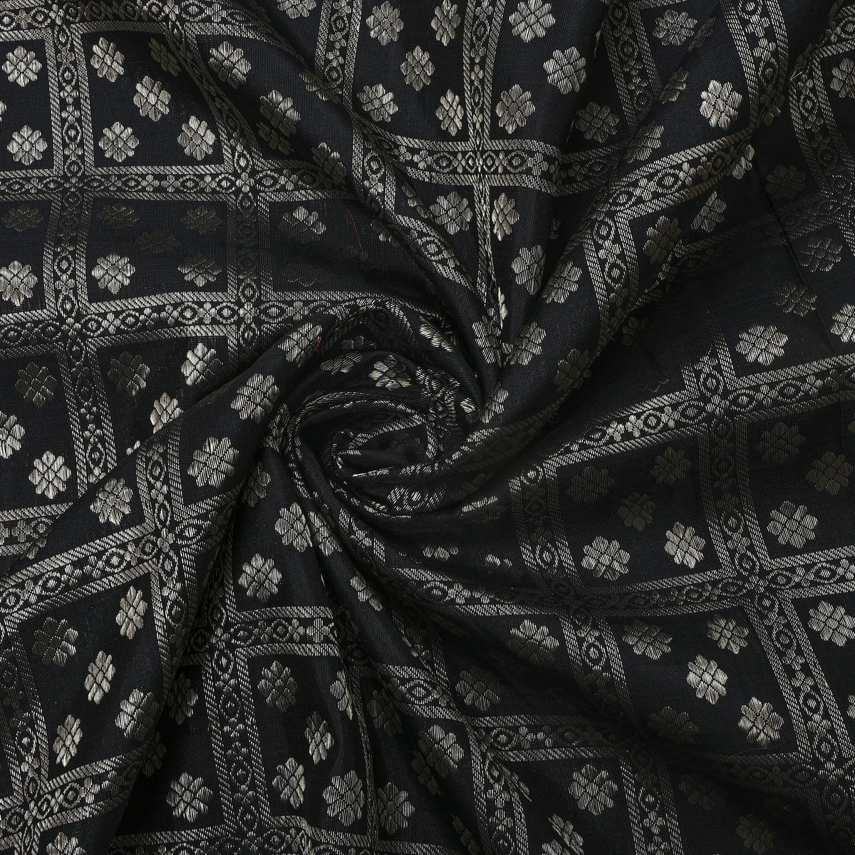 Onyx Black Silver Zari Floral Grid Self Weave Pattu Silk Fabric
