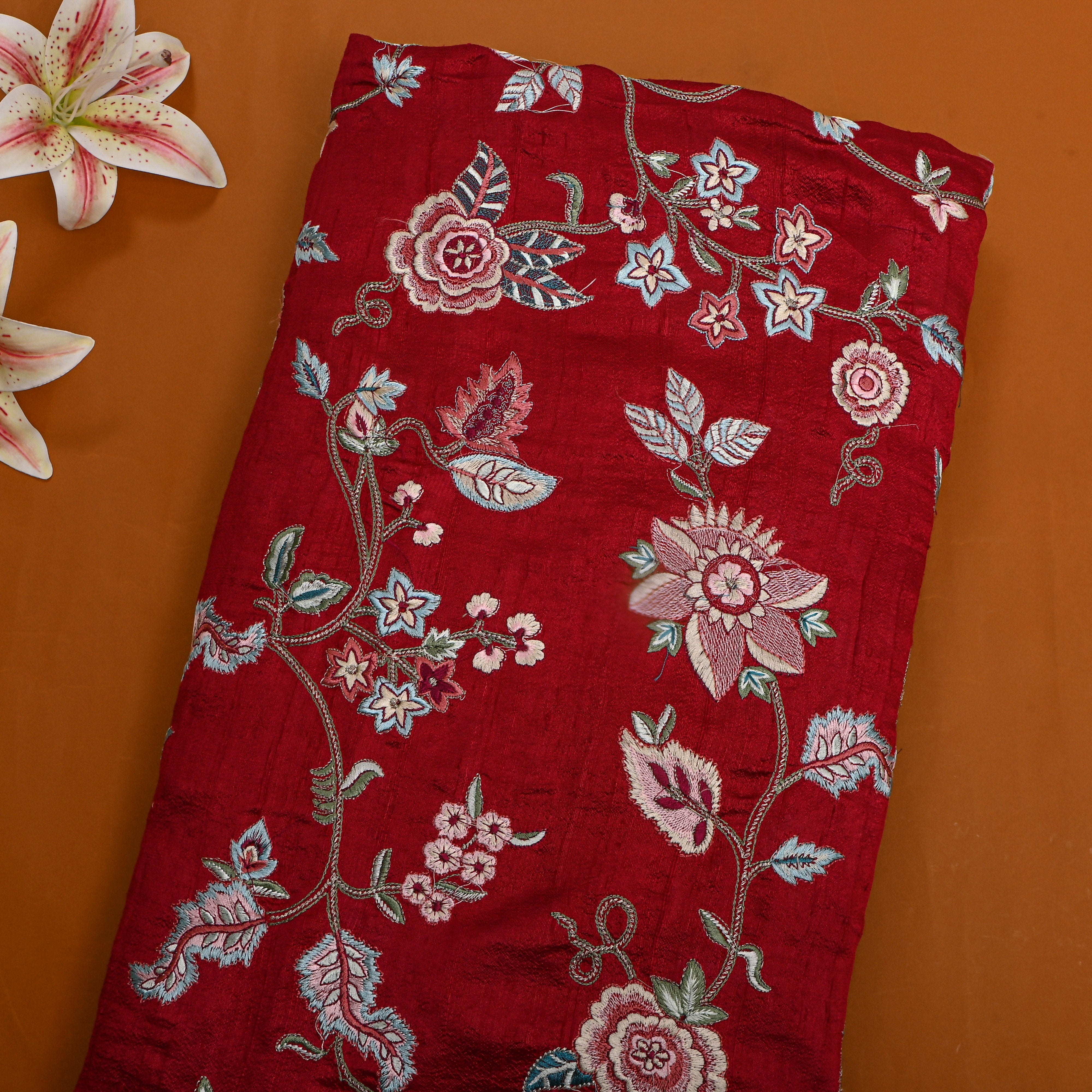 Maroon Floral Thread Work Raw Silk