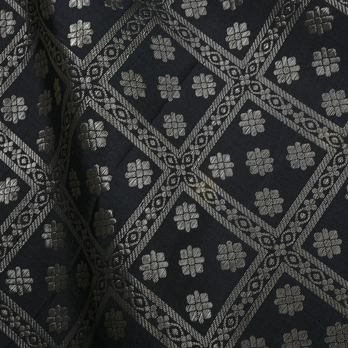 Onyx Black Silver Zari Floral Grid Self Weave Pattu Silk Fabric