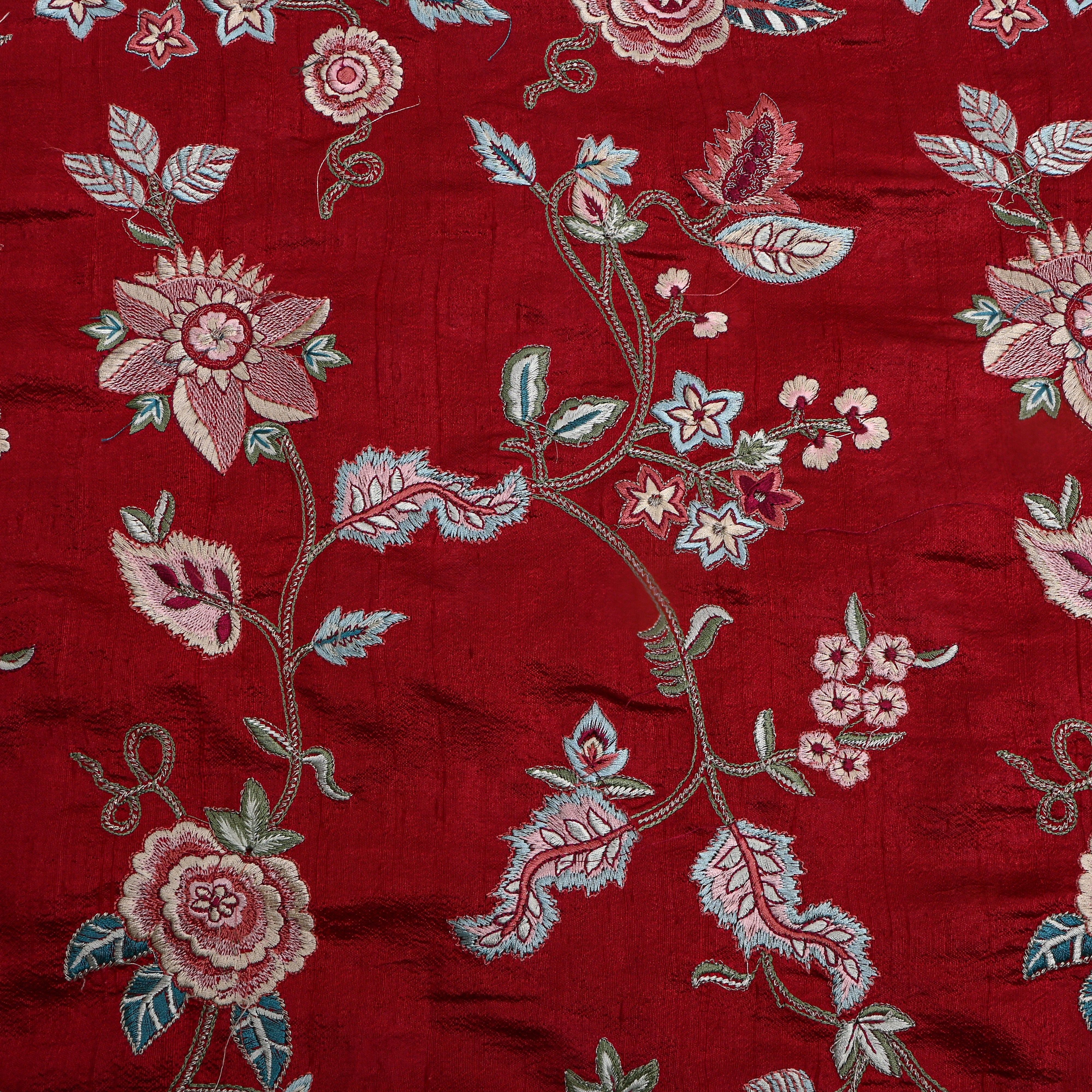 Maroon Floral Thread Work Raw Silk