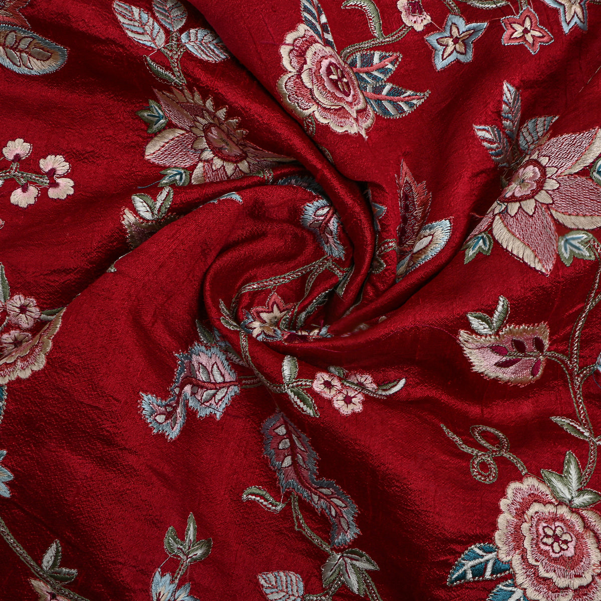 Maroon Floral Thread Work Raw Silk