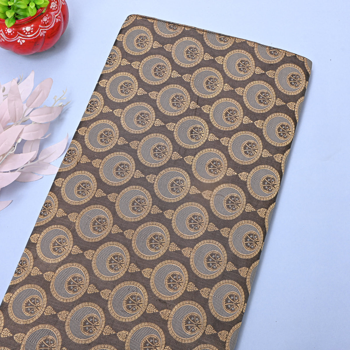 Ash Gray Medallion Self Weave Jamawar Silk Fabric