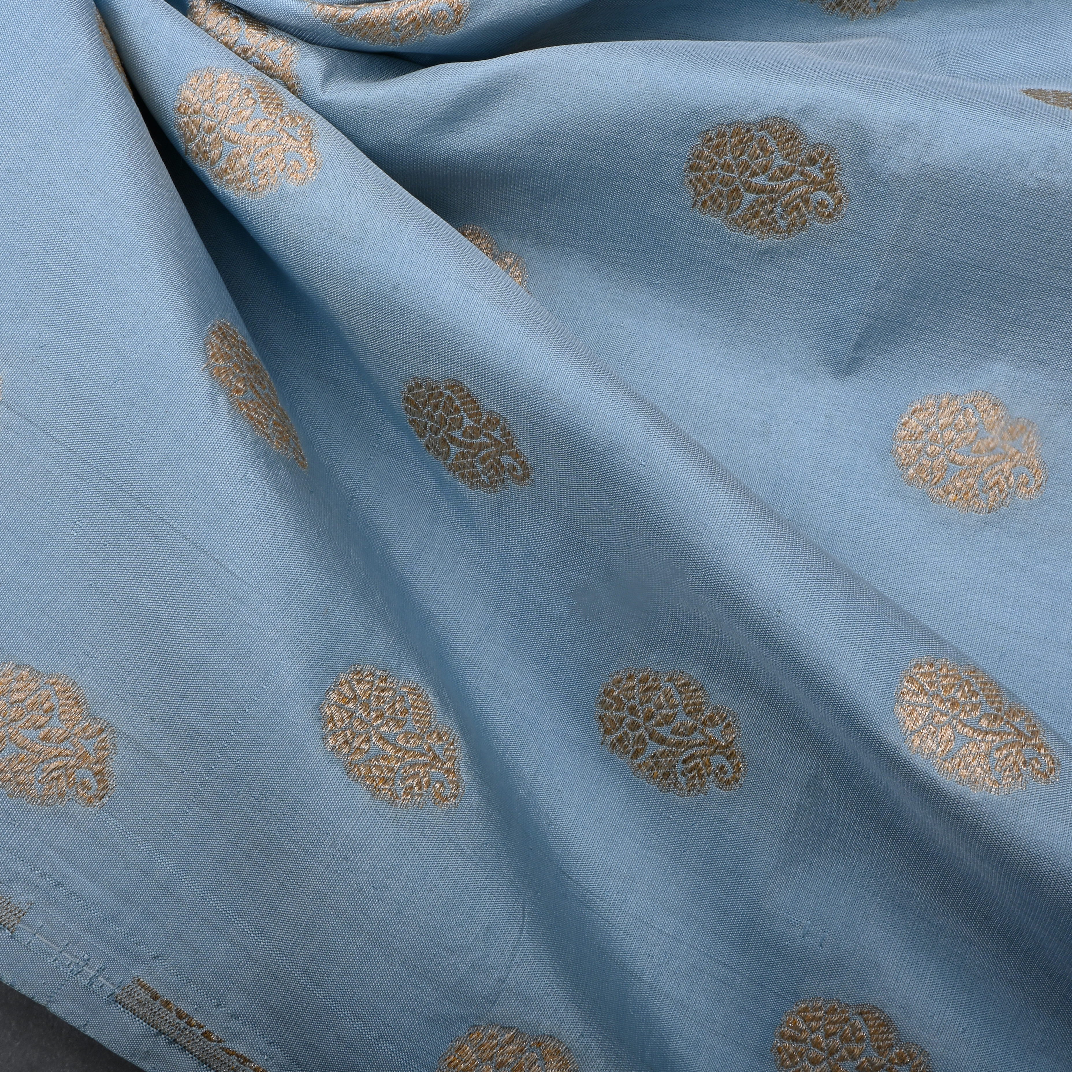 Light Gray Blue Jamawar Silk Fabric With Butti'S
