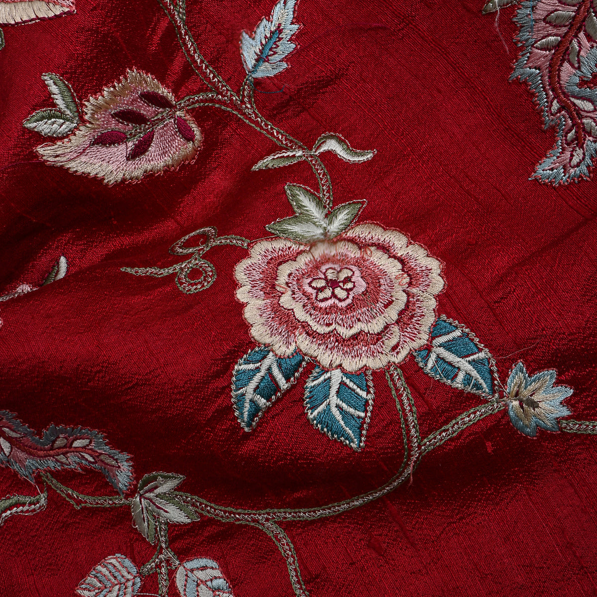 Maroon Floral Thread Work Raw Silk
