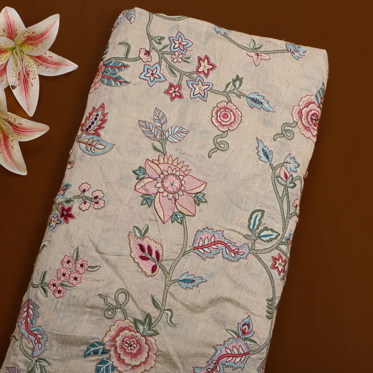 Cream Floral Thread Work Raw Silk