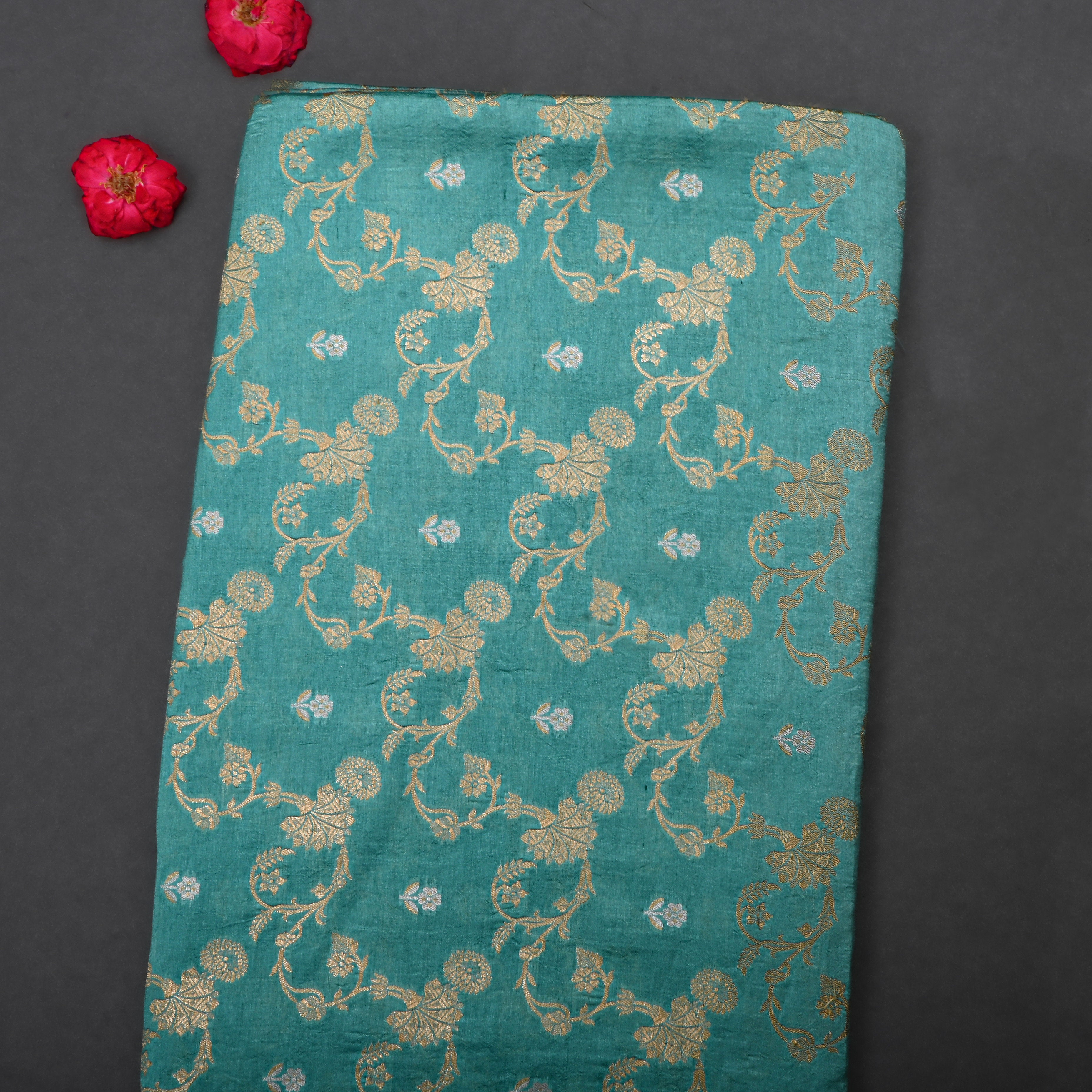 Greenish Blue Jamawar Silk Fabric With Floral Jaal