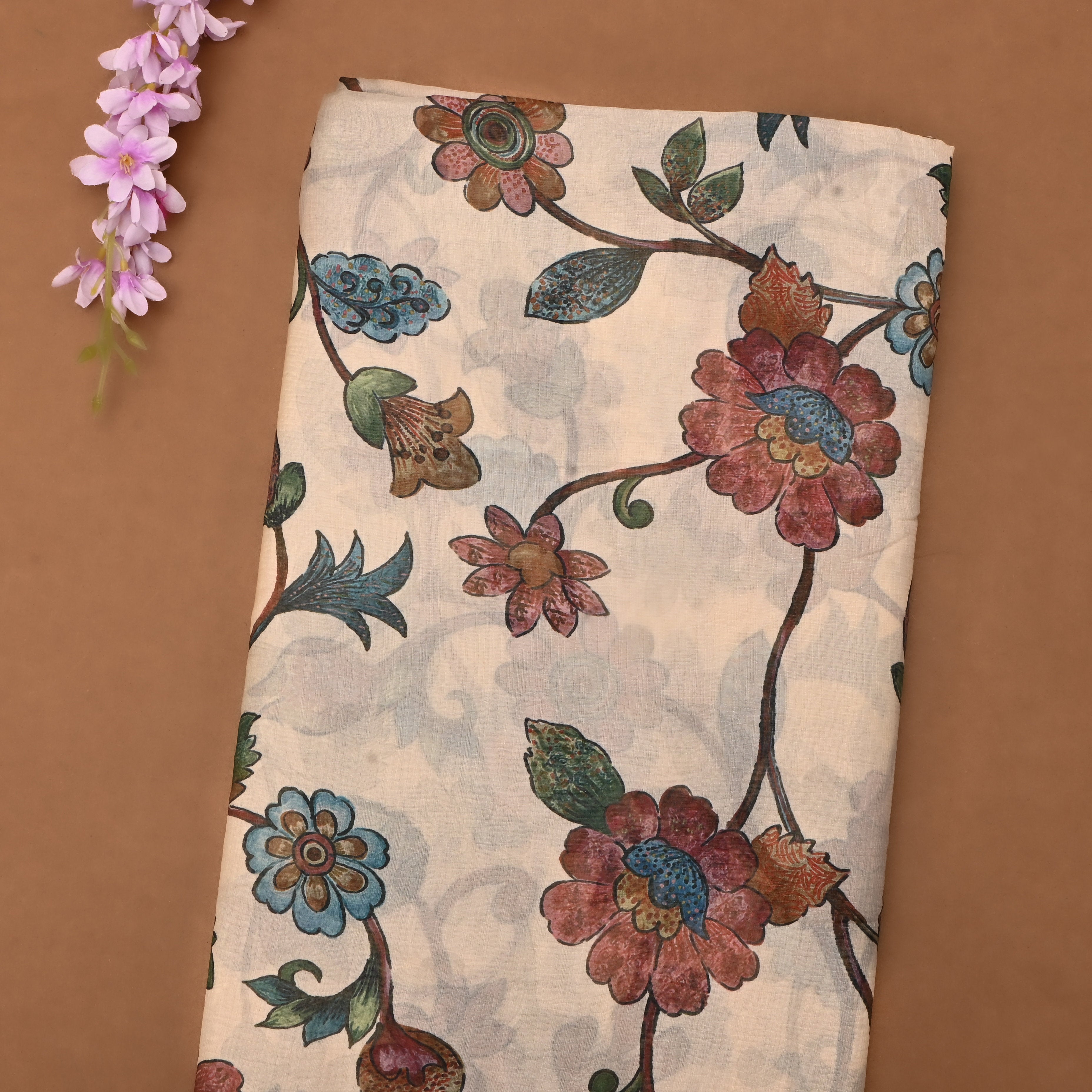 Smoke White Floral Jaal Print On Tissue Fabric