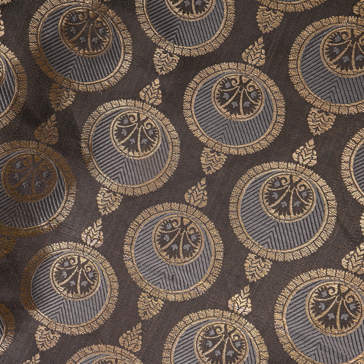Ash Gray Medallion Self Weave Jamawar Silk Fabric