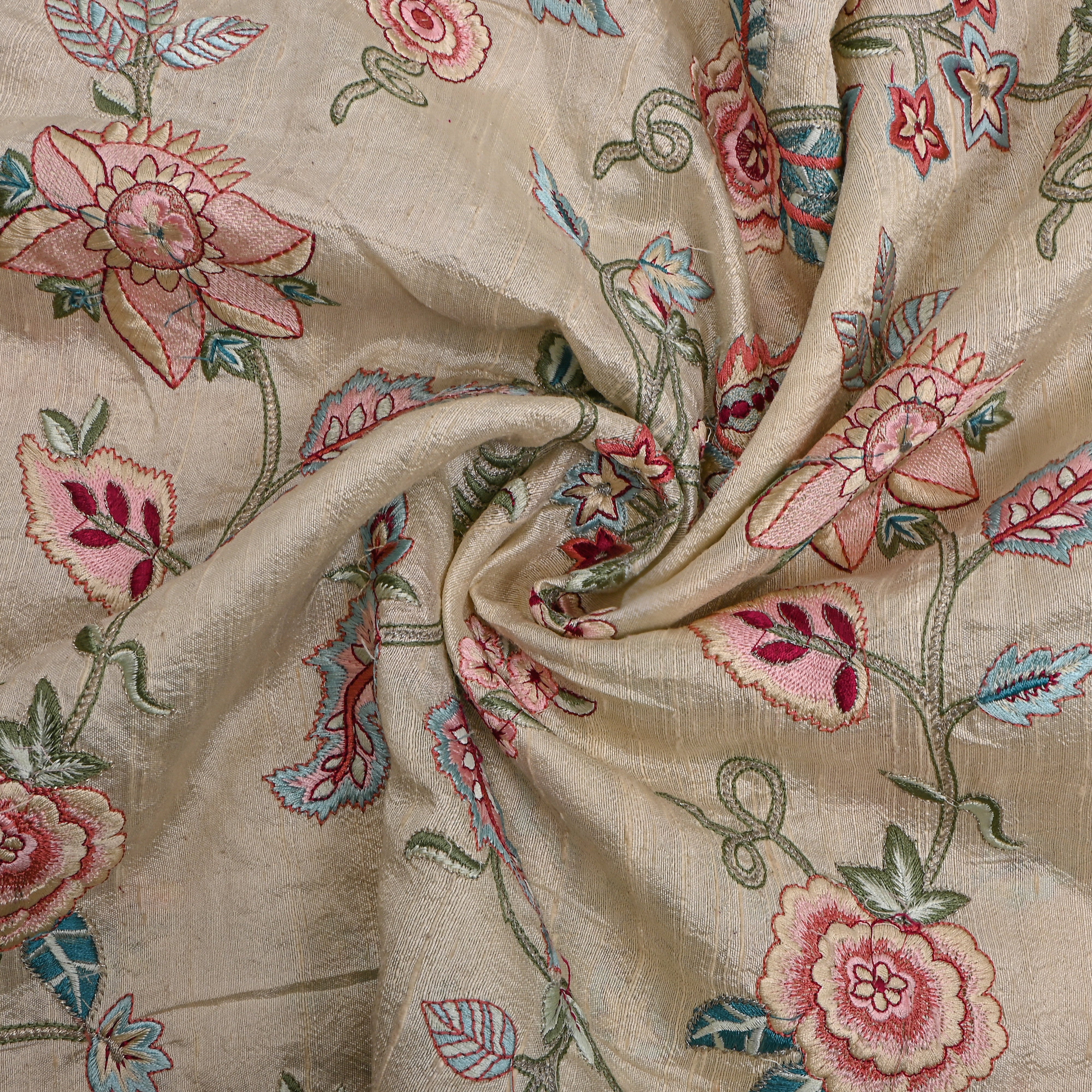 Cream Floral Thread Work Raw Silk