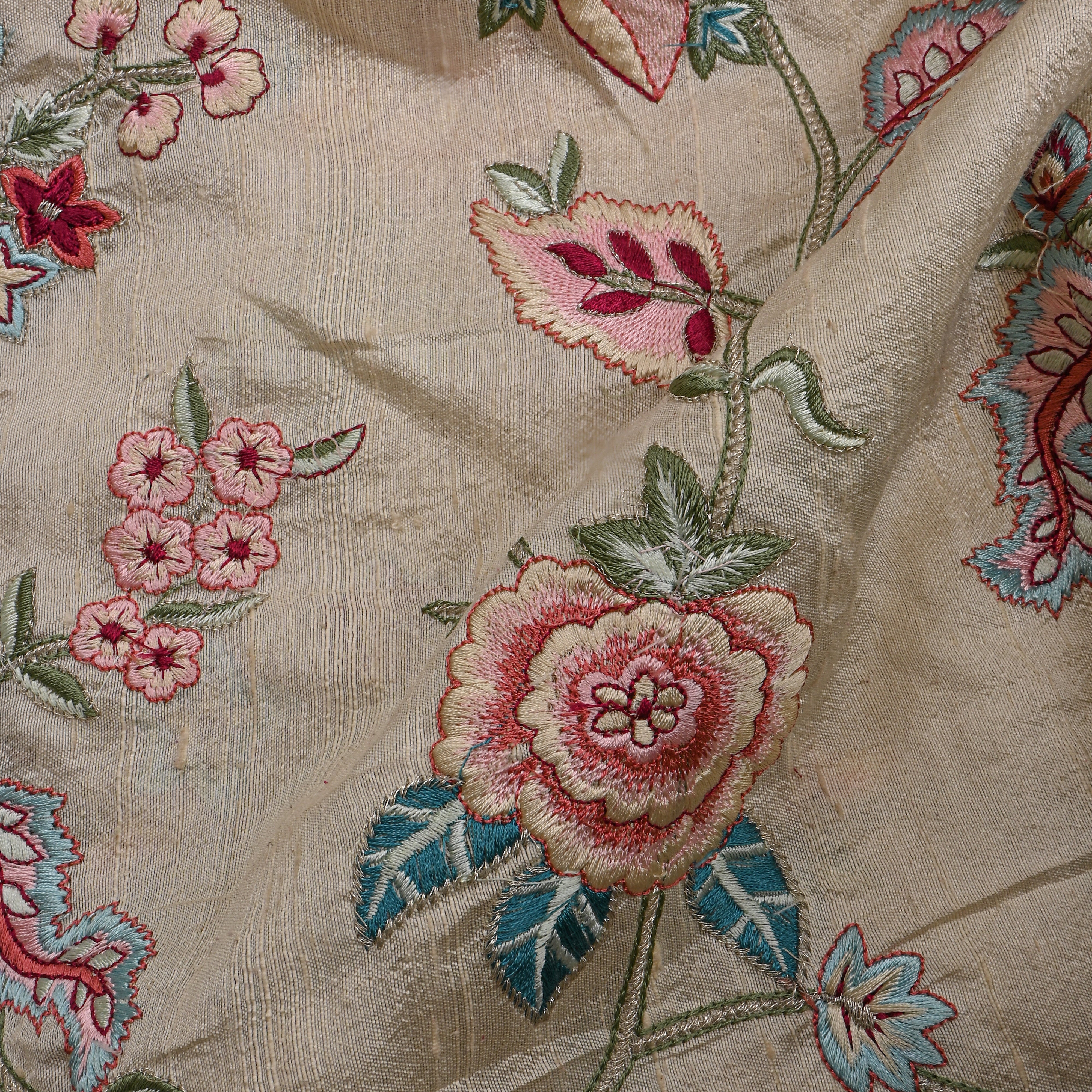 Cream Floral Thread Work Raw Silk