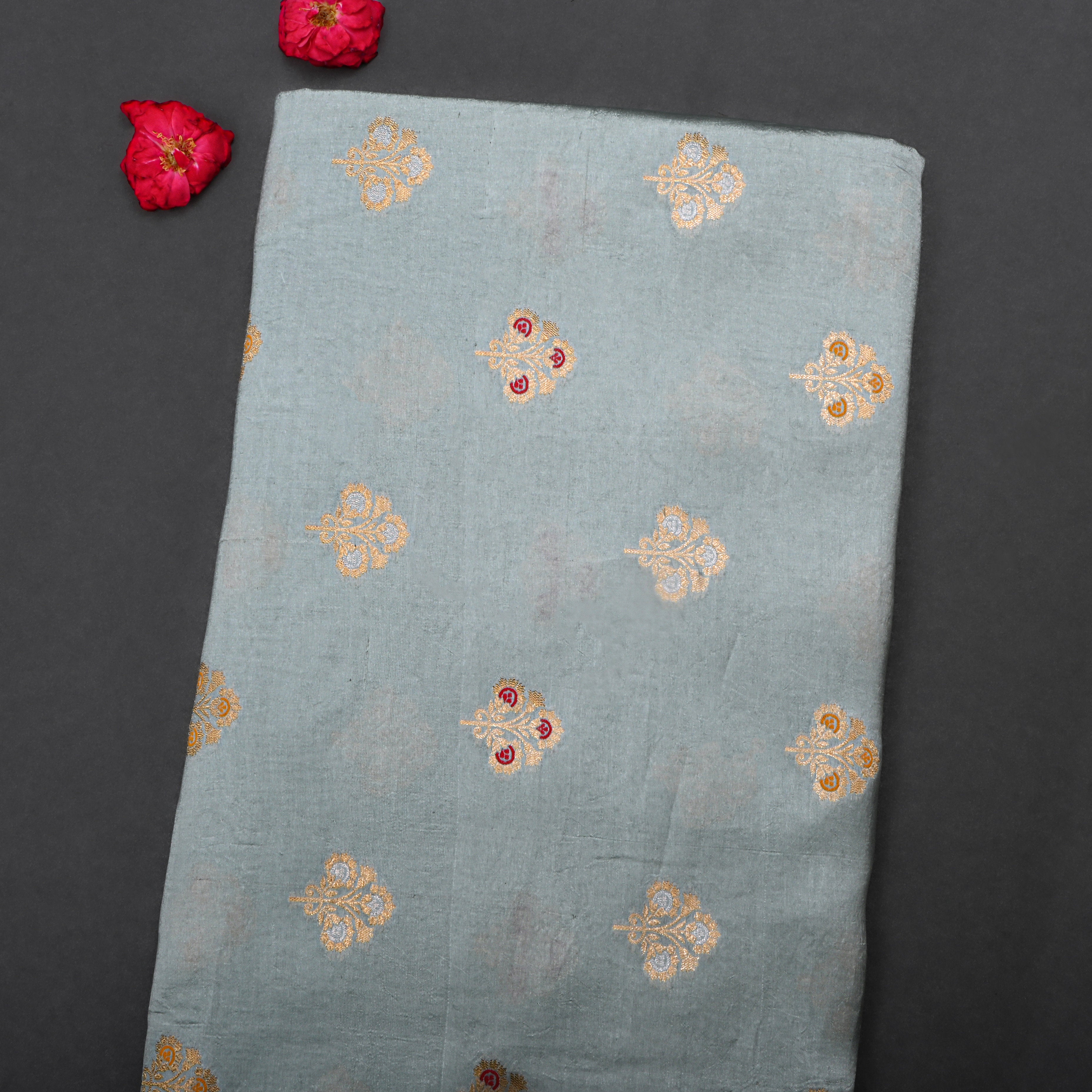 Oslo Grey Jamawar Silk Fabric With Butti'S