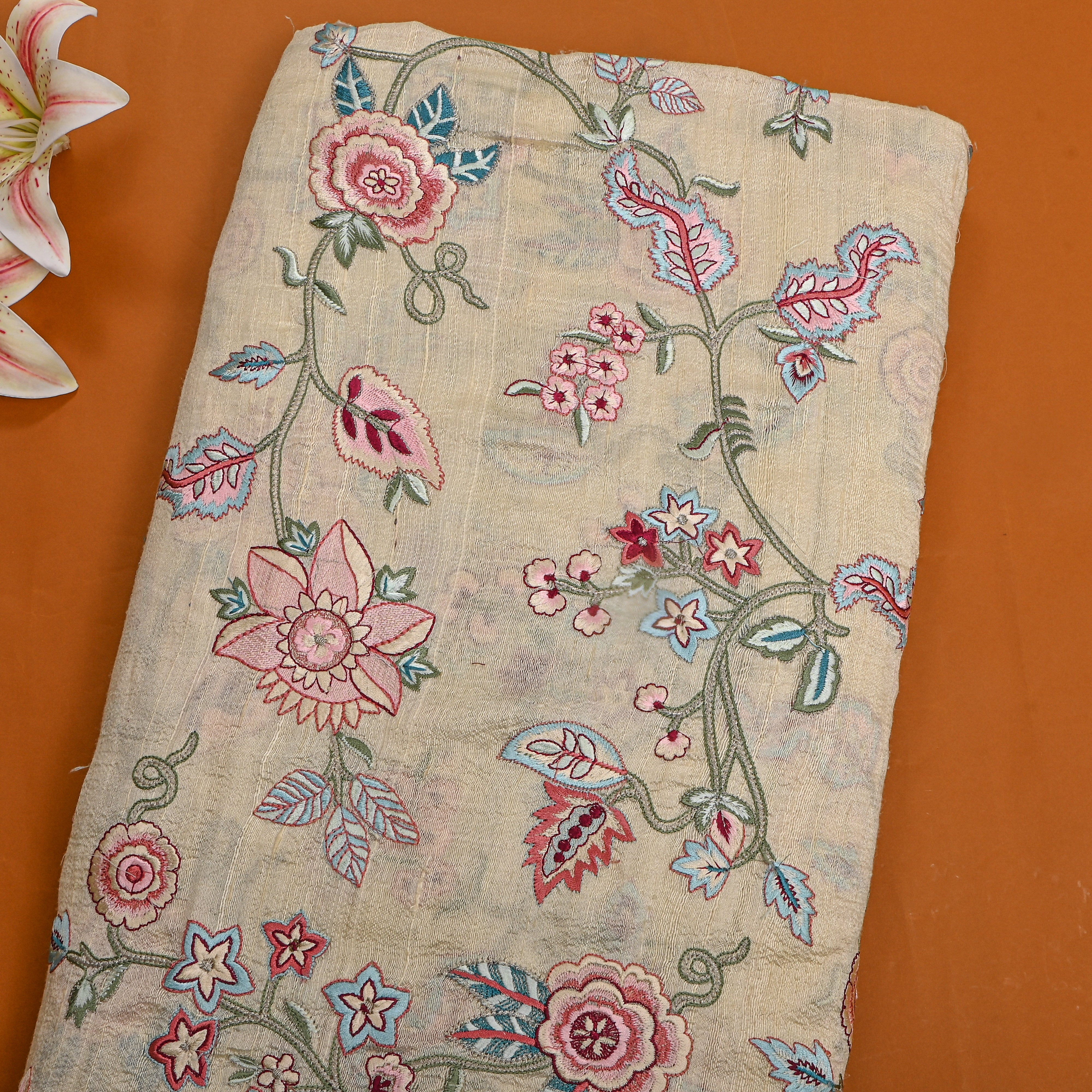 Beige Meenakari Floral Embroidered Raw Silk