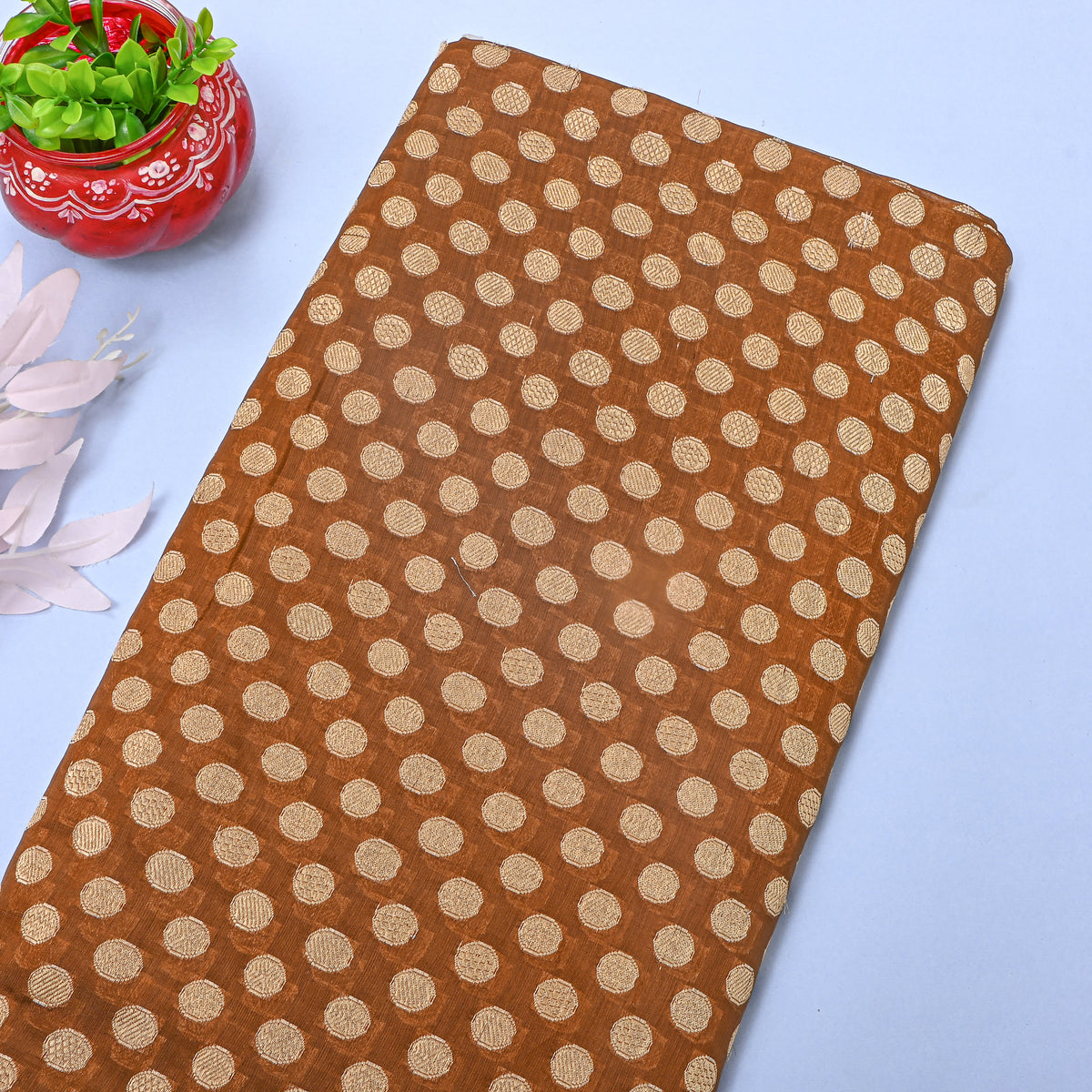 Chestnut Brown Gold Dot Self Weave  Banarasi Silk Fabric