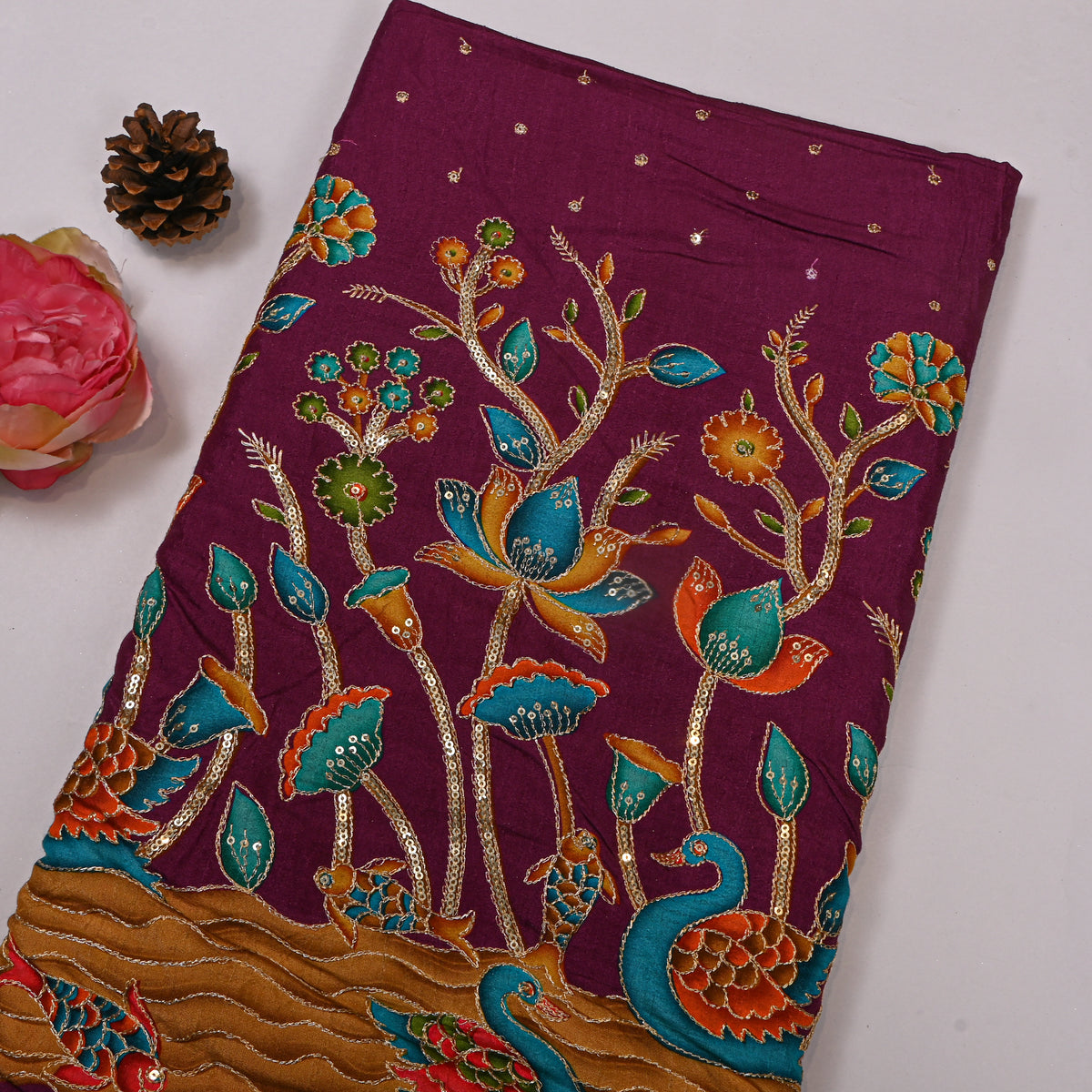 Burgundy Swan Lotus Sequin Printed Embroidery Dupion Silk Fabric