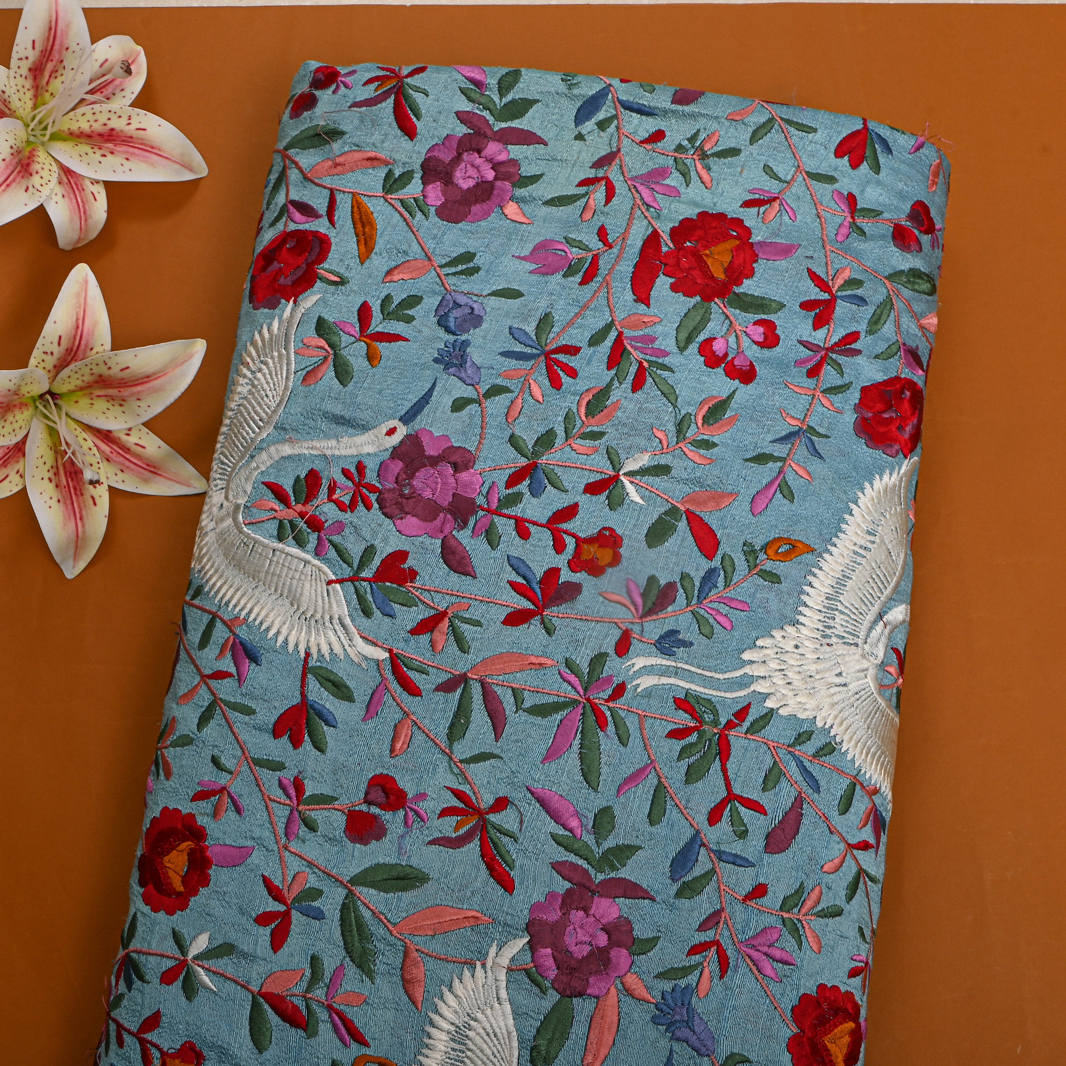 Light Blue Colourful Thread Embroidery Floral Jaal Raw Silk Fabric