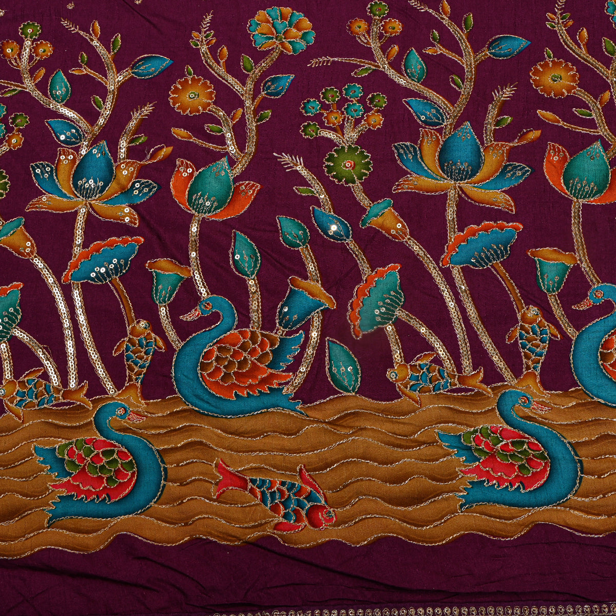 Burgundy Swan Lotus Sequin Printed Embroidery Dupion Silk Fabric