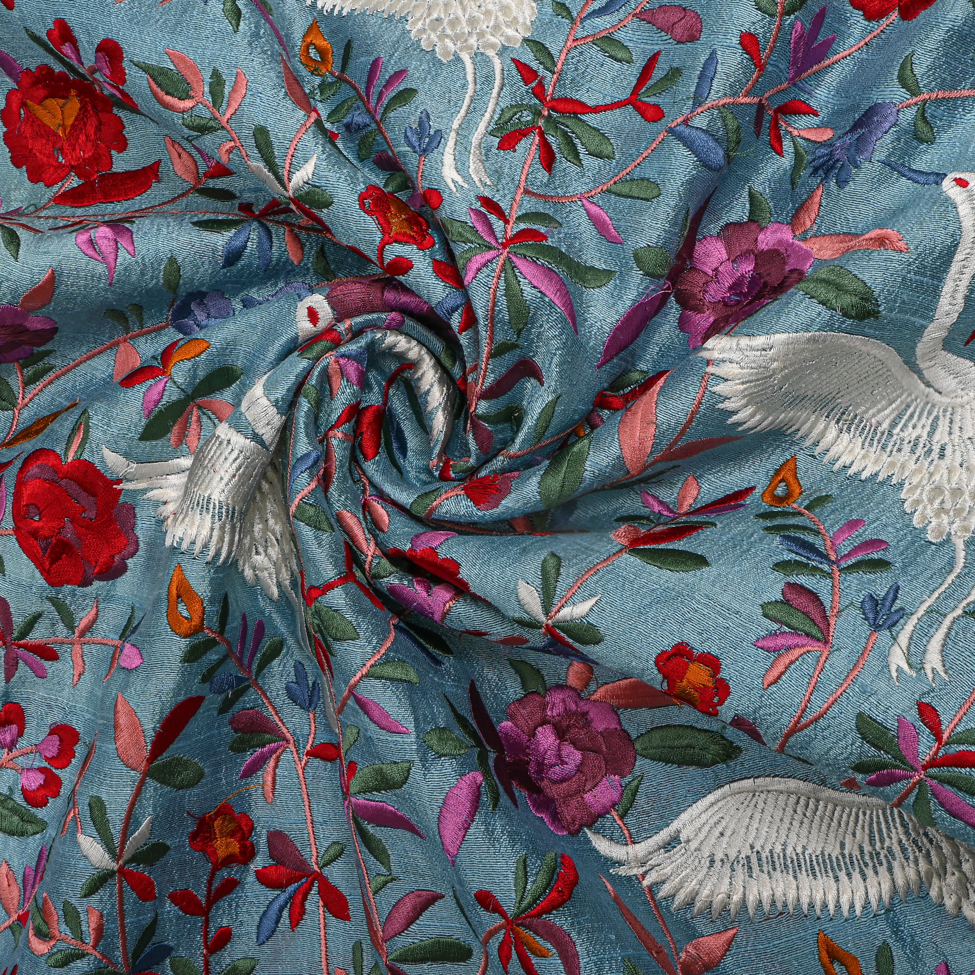 Light Blue Colourful Thread Embroidery Floral Jaal Raw Silk Fabric