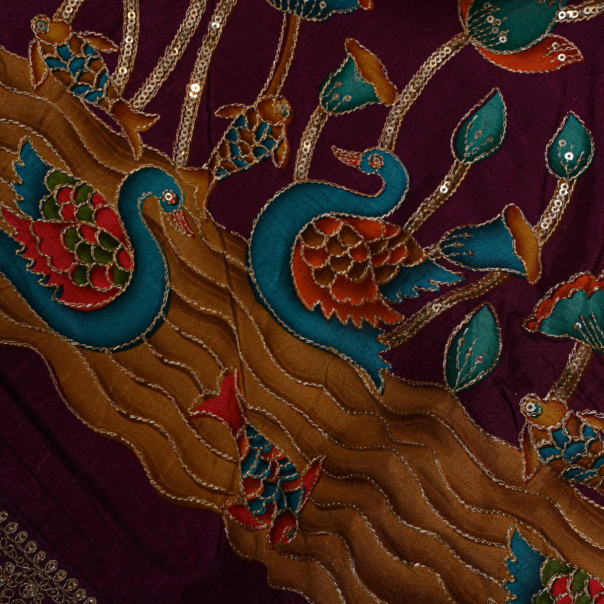 Burgundy Swan Lotus Sequin Printed Embroidery Dupion Silk Fabric