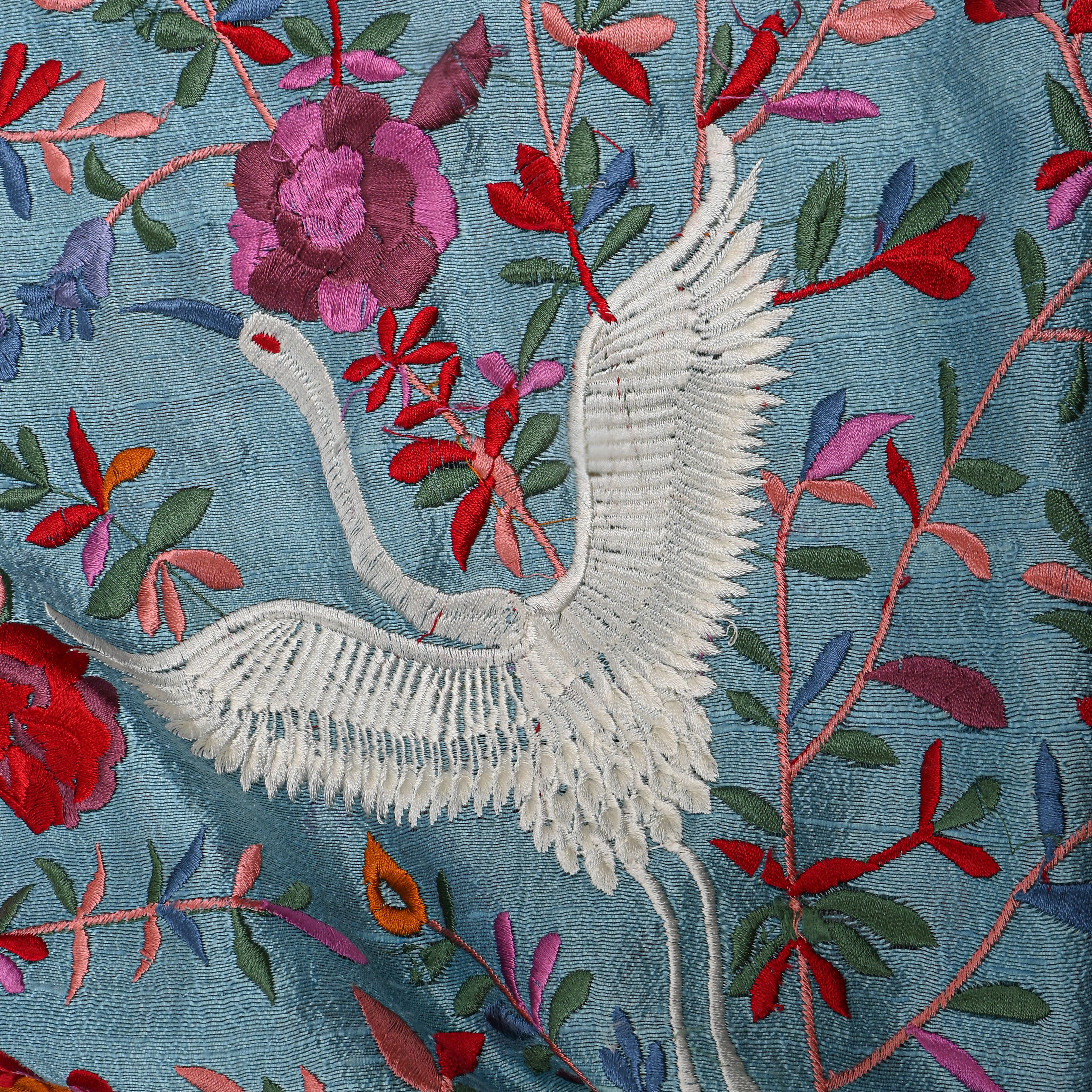 Light Blue Colourful Thread Embroidery Floral Jaal Raw Silk Fabric