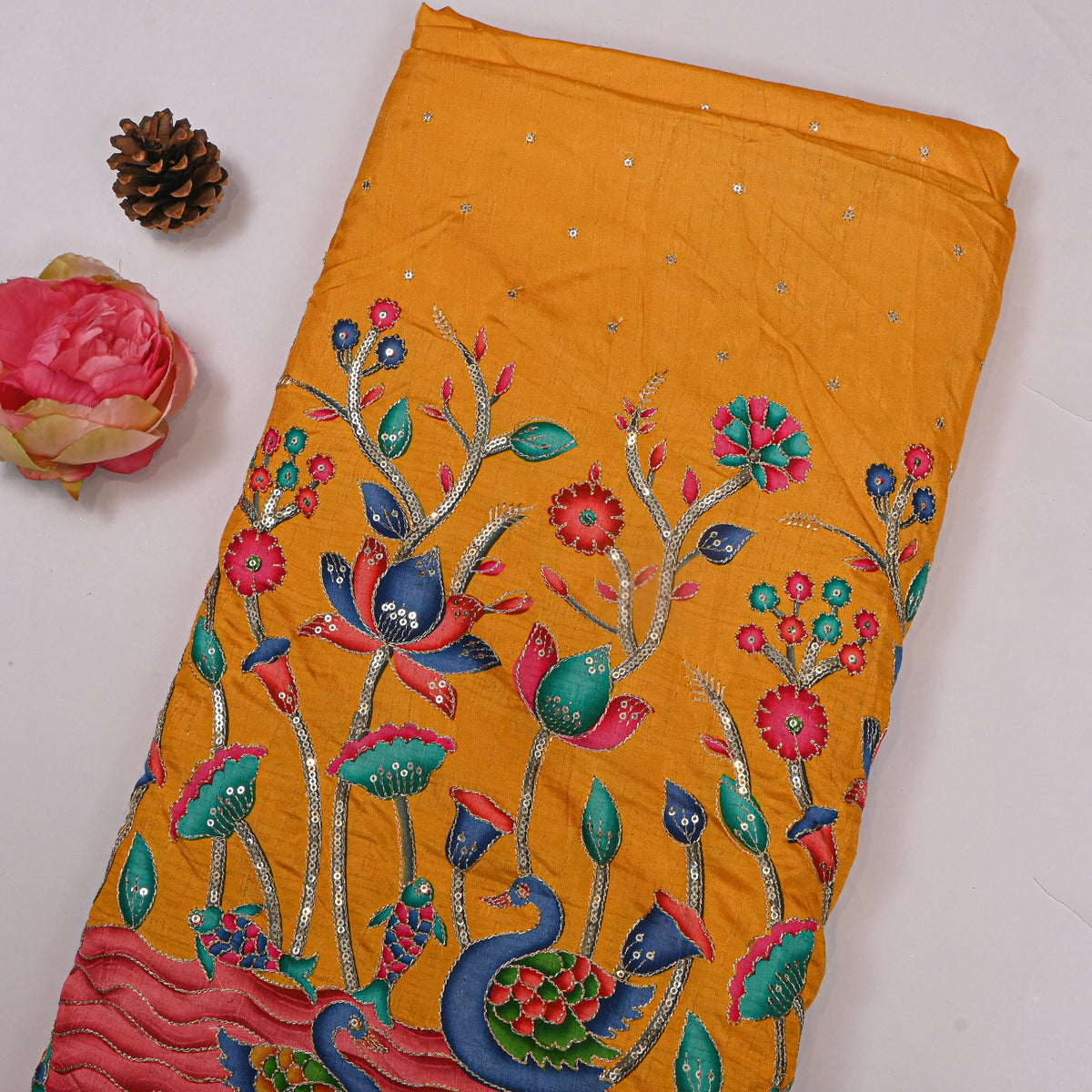 Amber Yellow Swan Lotus Sequin Printed Embroidery Dupion Silk Fabric