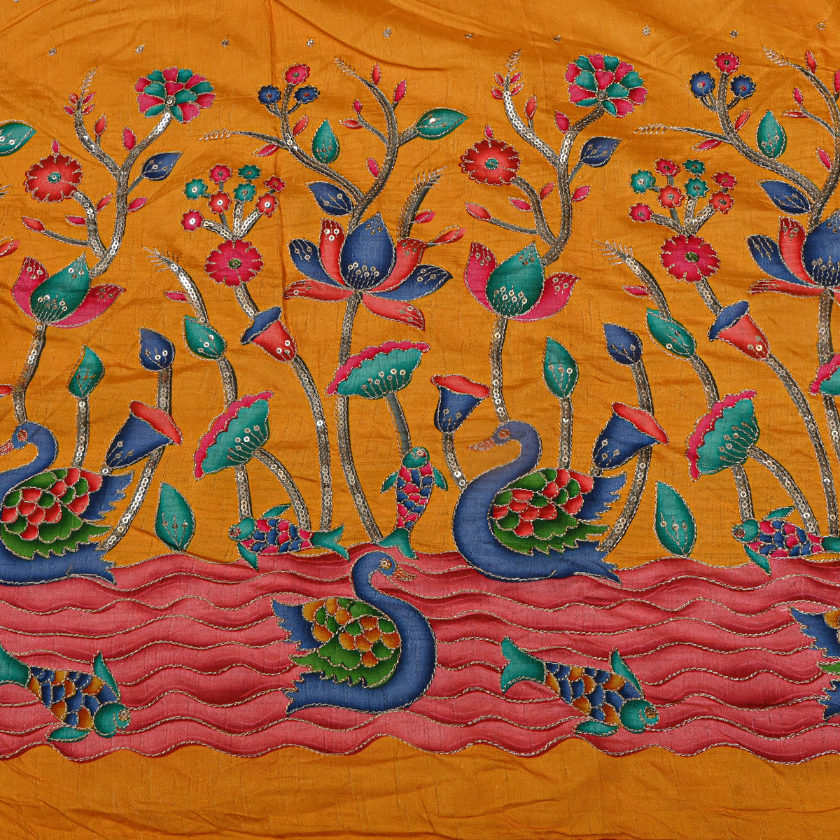 Amber Yellow Swan Lotus Sequin Printed Embroidery Dupion Silk Fabric