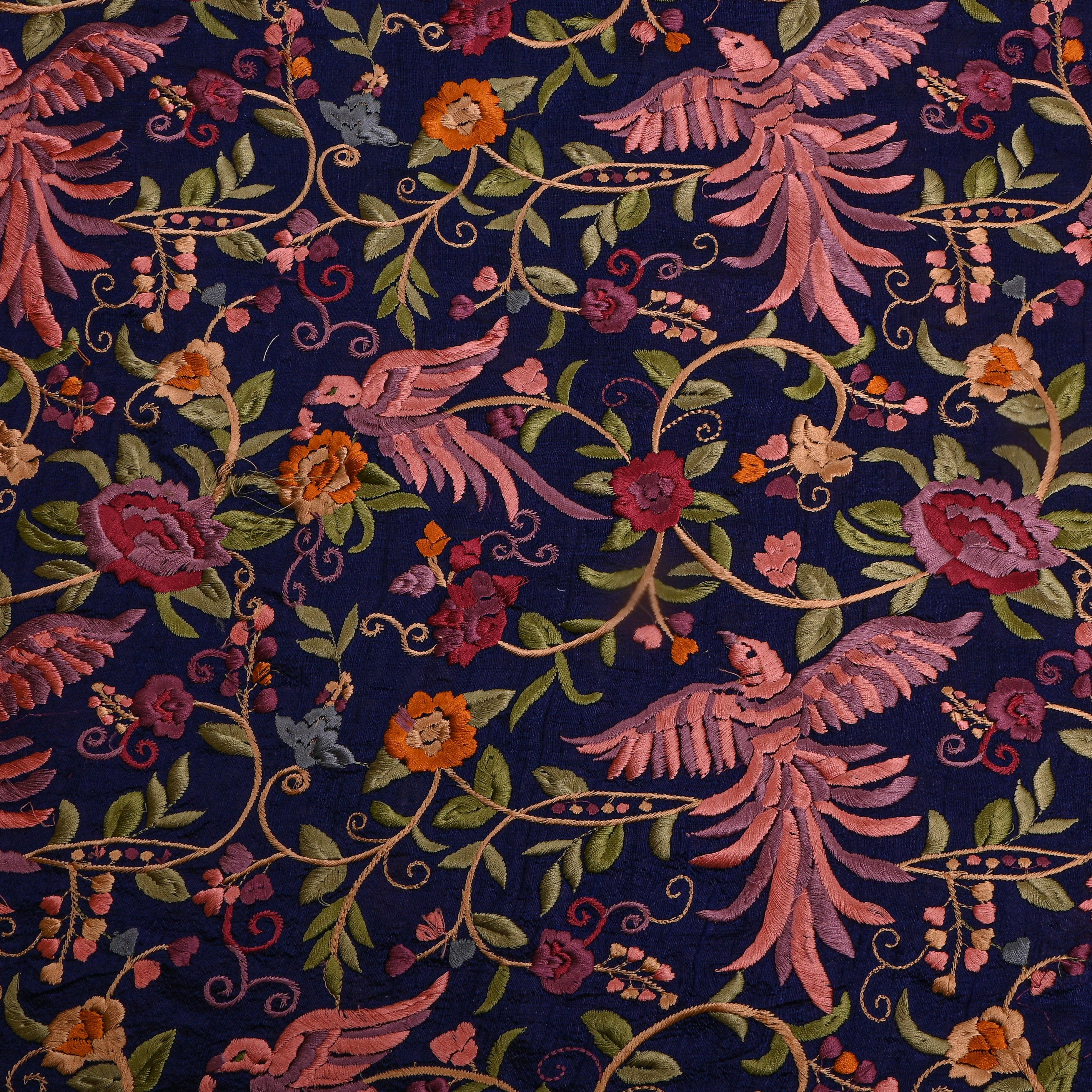 Dark Navy Blue Colourful Thread Embroidery Floral Jaal Raw Silk Fabric