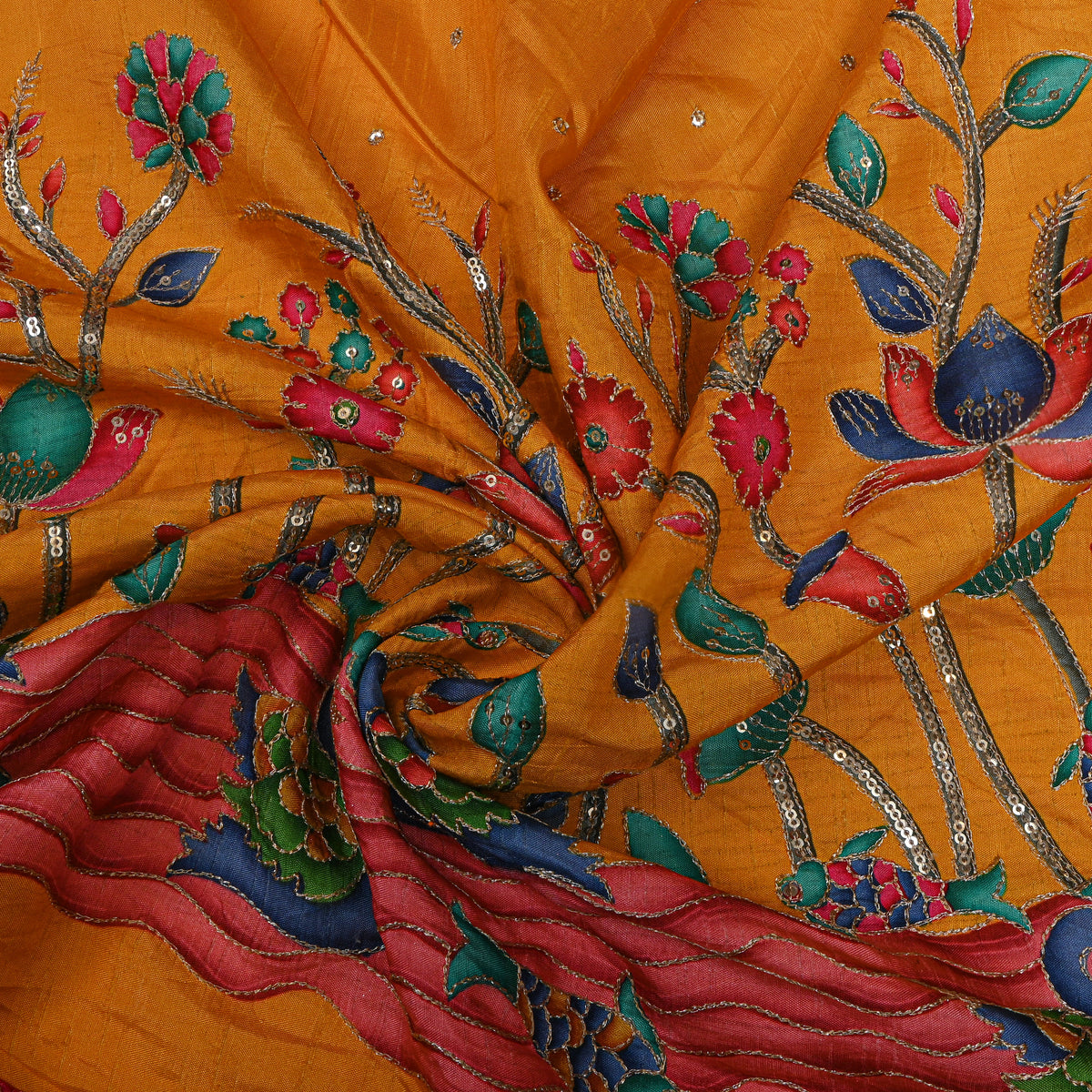 Amber Yellow Swan Lotus Sequin Printed Embroidery Dupion Silk Fabric