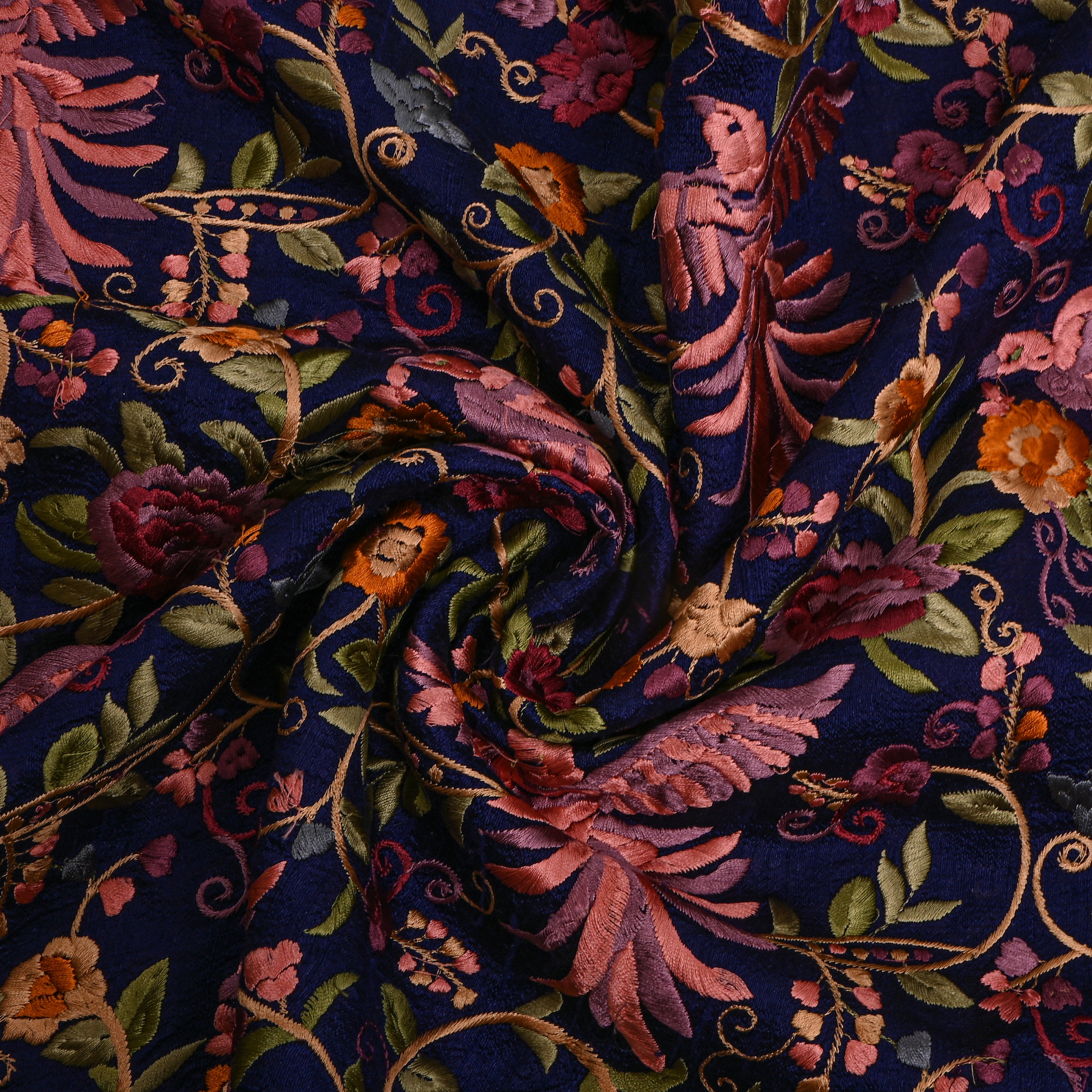 Dark Navy Blue Colourful Thread Embroidery Floral Jaal Raw Silk Fabric