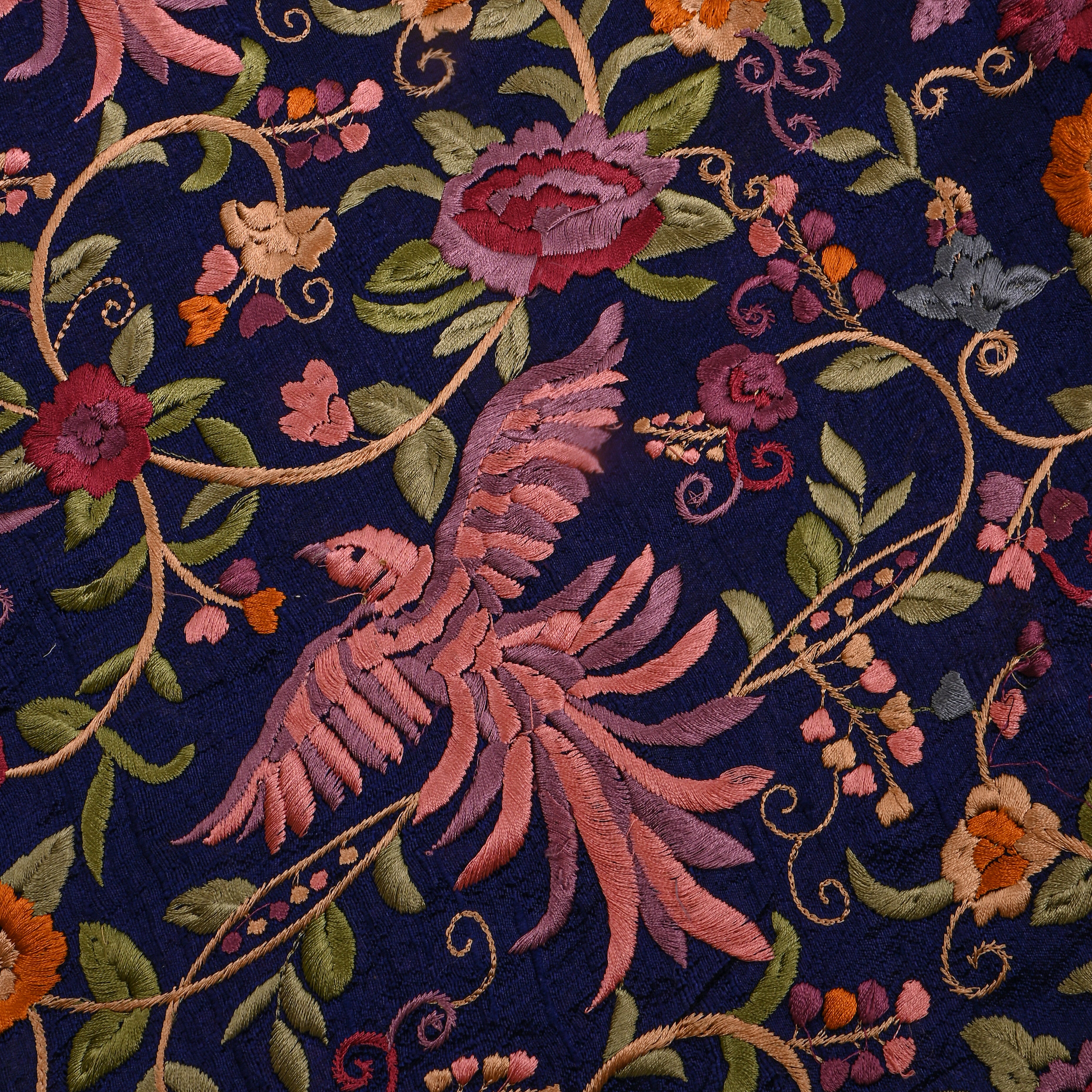 Dark Navy Blue Colourful Thread Embroidery Floral Jaal Raw Silk Fabric