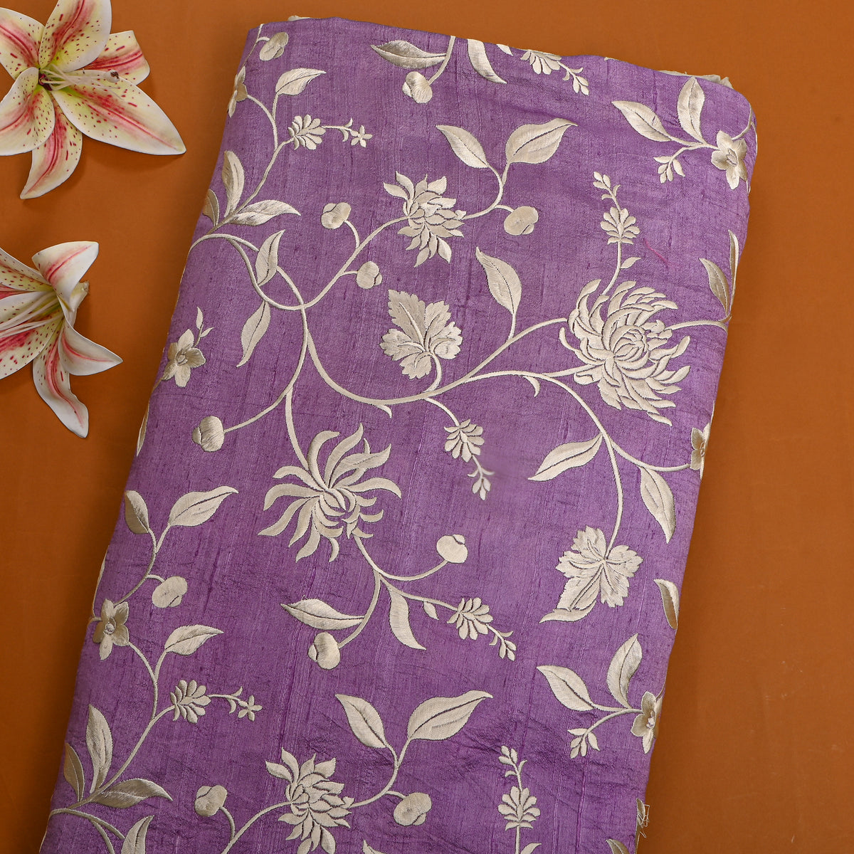 Lilac Purple Floral Jaal Thread Work Raw Silk Fabric