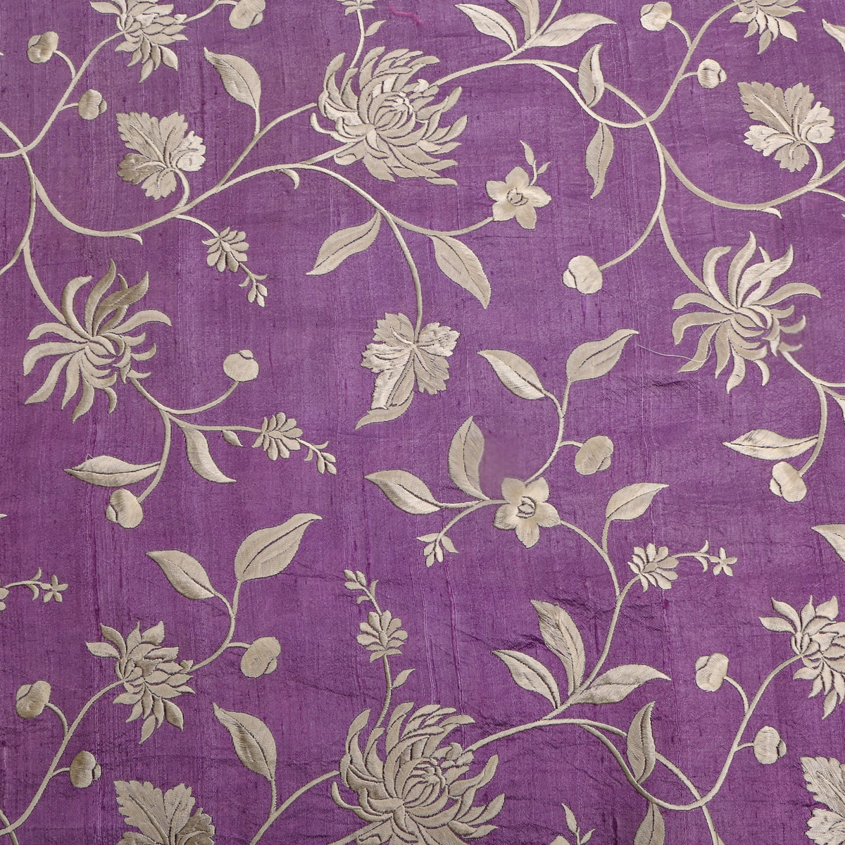 Lilac Purple Floral Jaal Thread Work Raw Silk Fabric