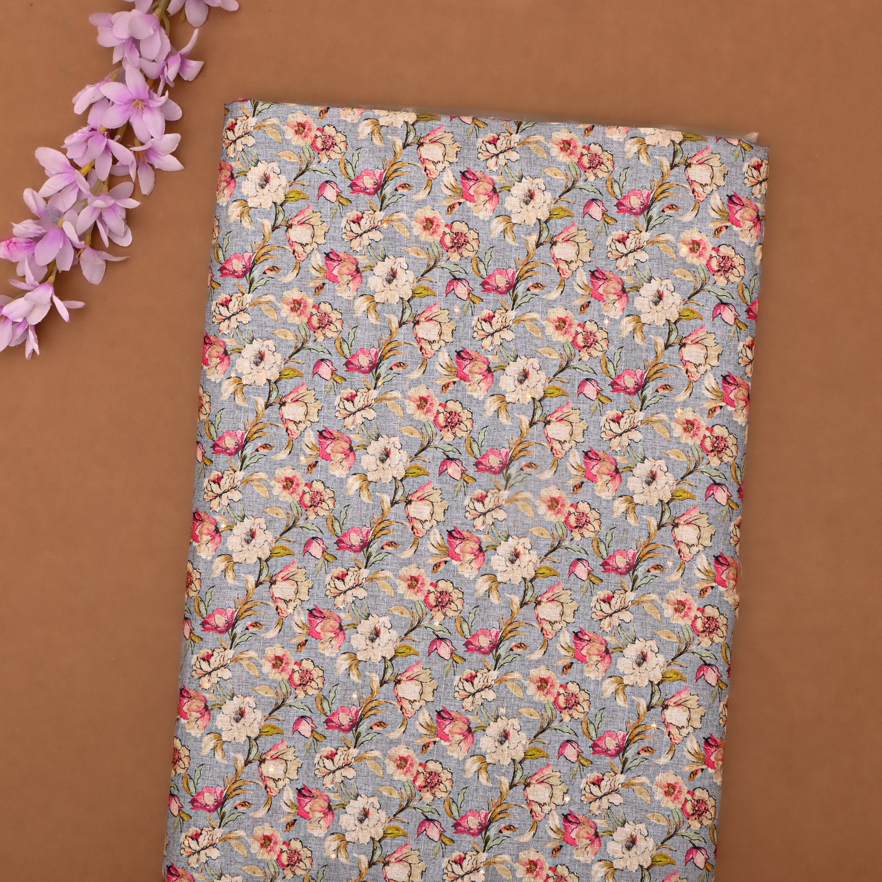 Grey Tussar Fabric With Printed Floral Jaal