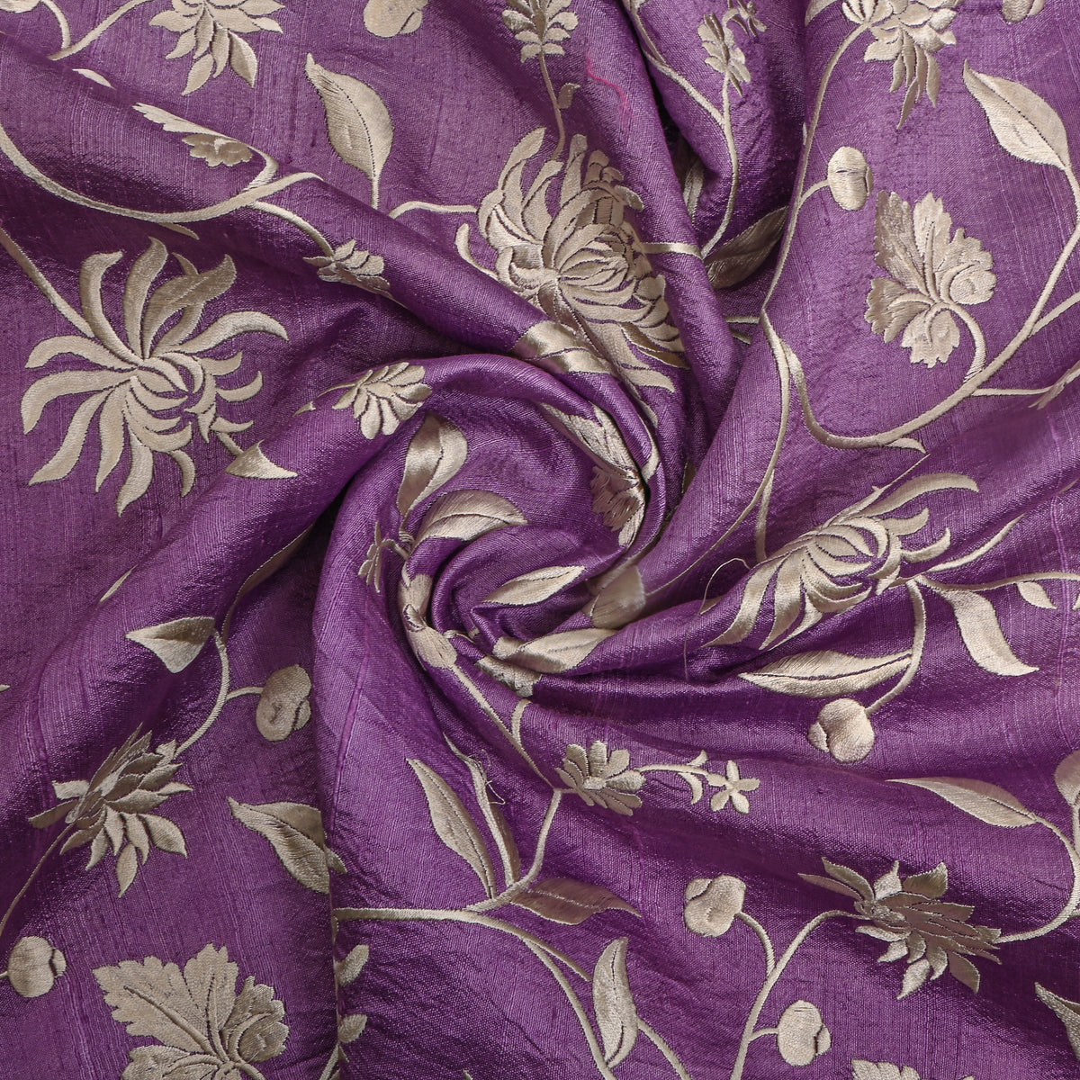 Lilac Purple Floral Jaal Thread Work Raw Silk Fabric