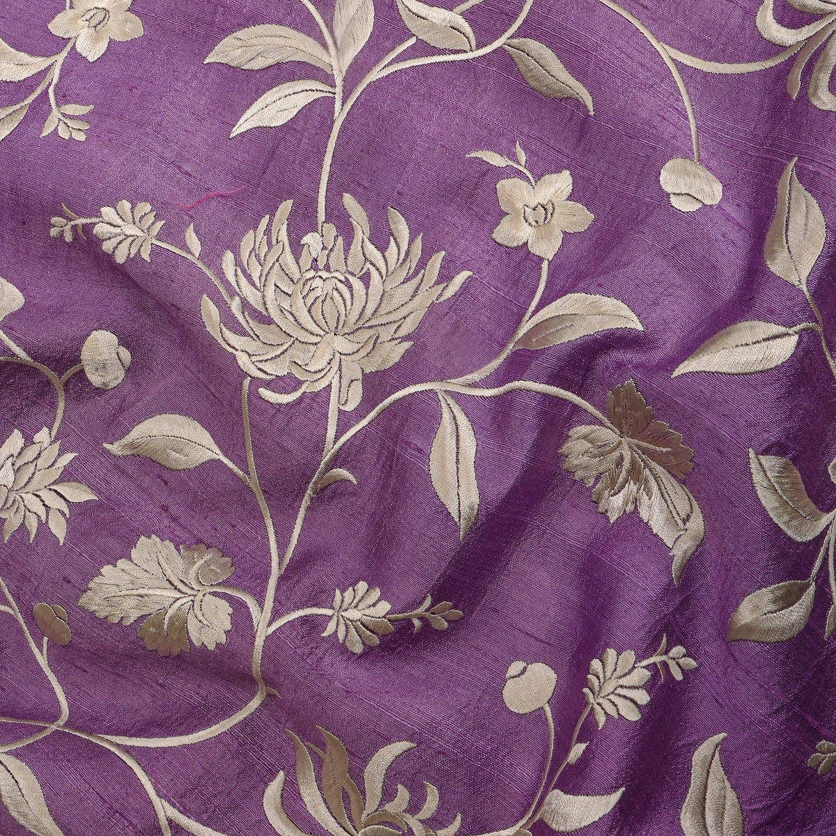 Lilac Purple Floral Jaal Thread Work Raw Silk Fabric