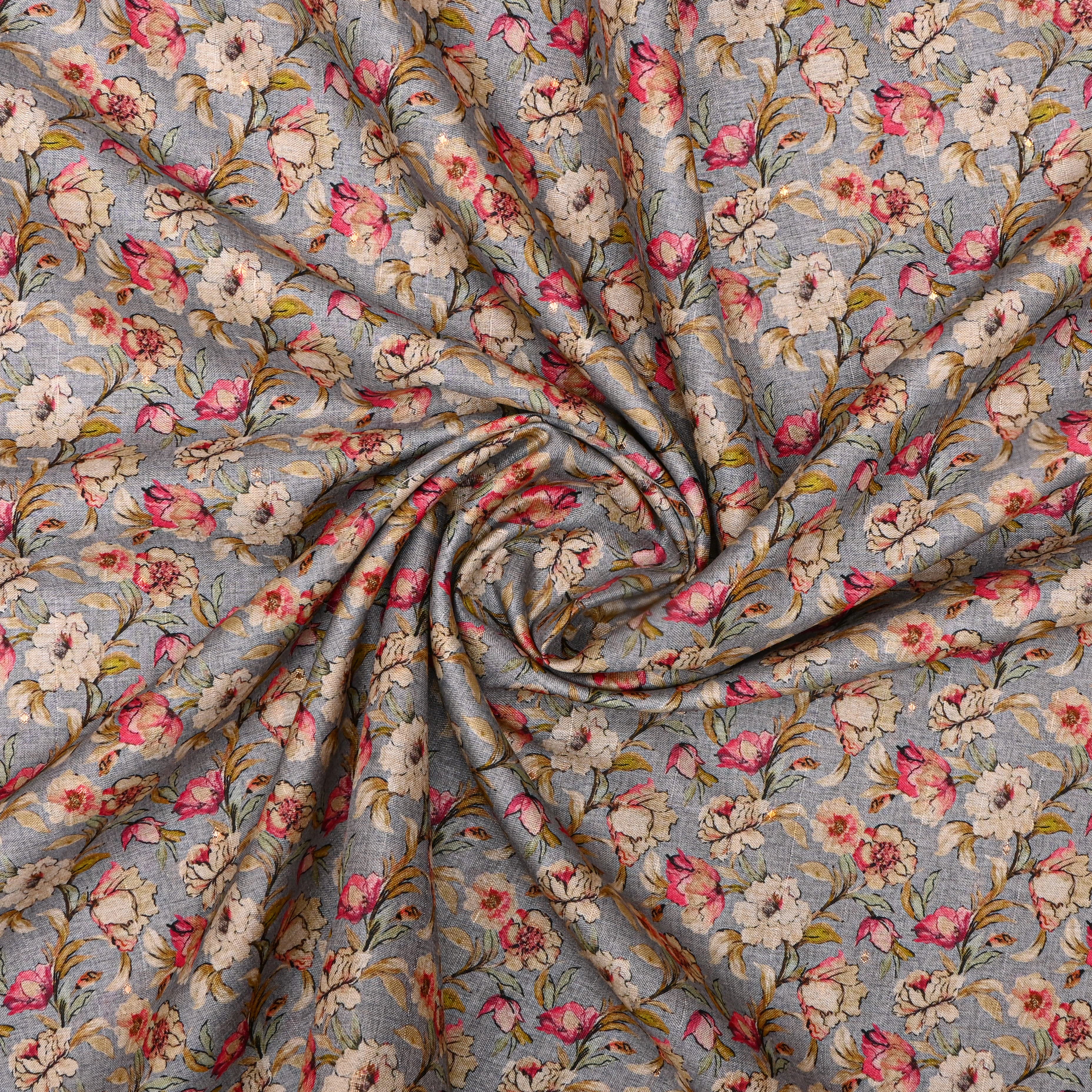 Grey Tussar Fabric With Printed Floral Jaal