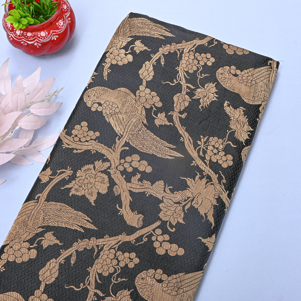 A Charcoal Black Gold Zari Parrot Grapevine Jamawar Silk Fabric