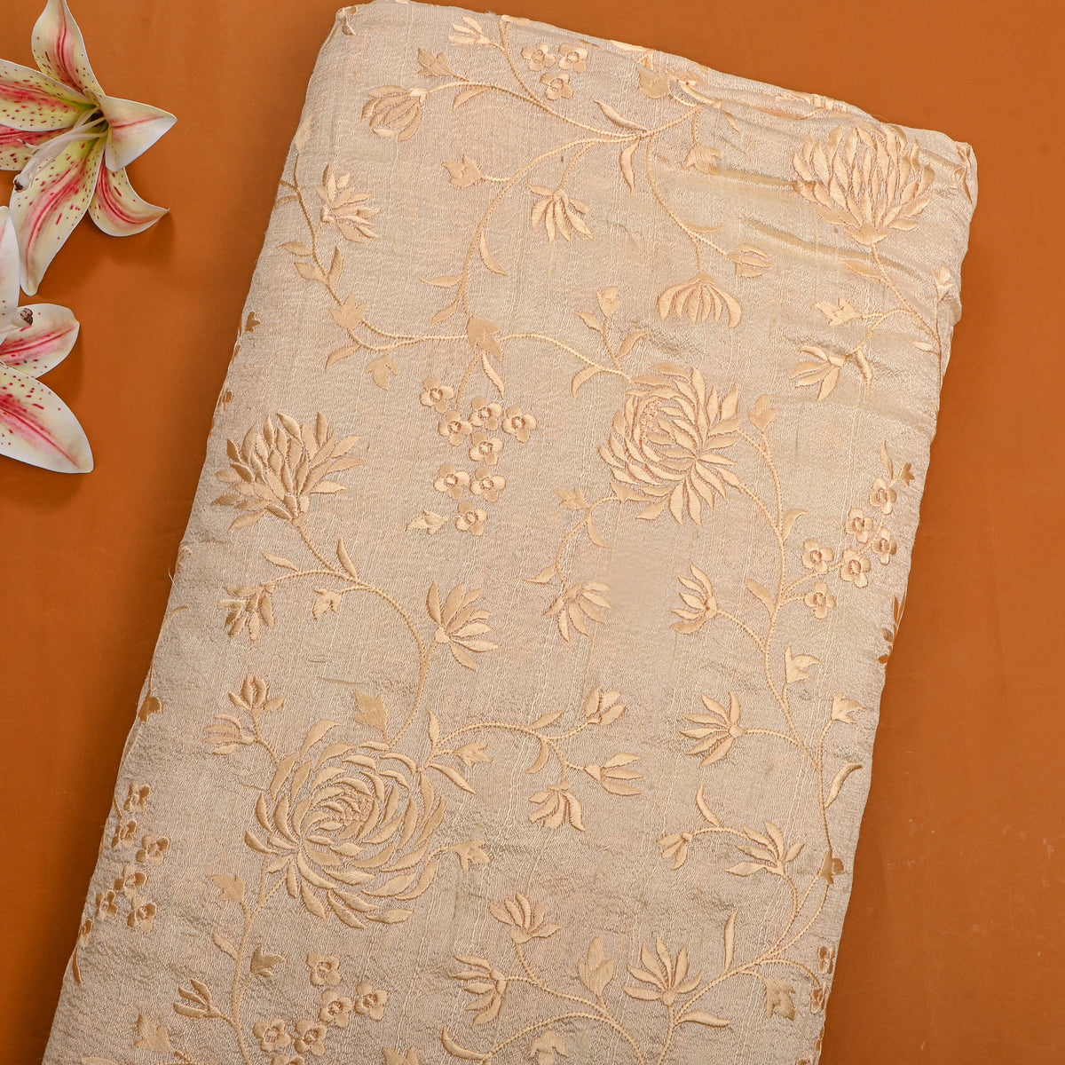 Sand Beige Floral Jaal Thread Work Raw Silk Fabric