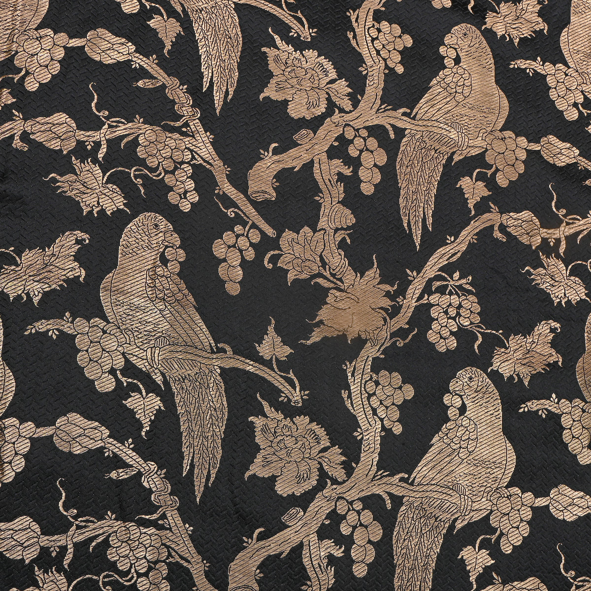 A Charcoal Black Gold Zari Parrot Grapevine Jamawar Silk Fabric
