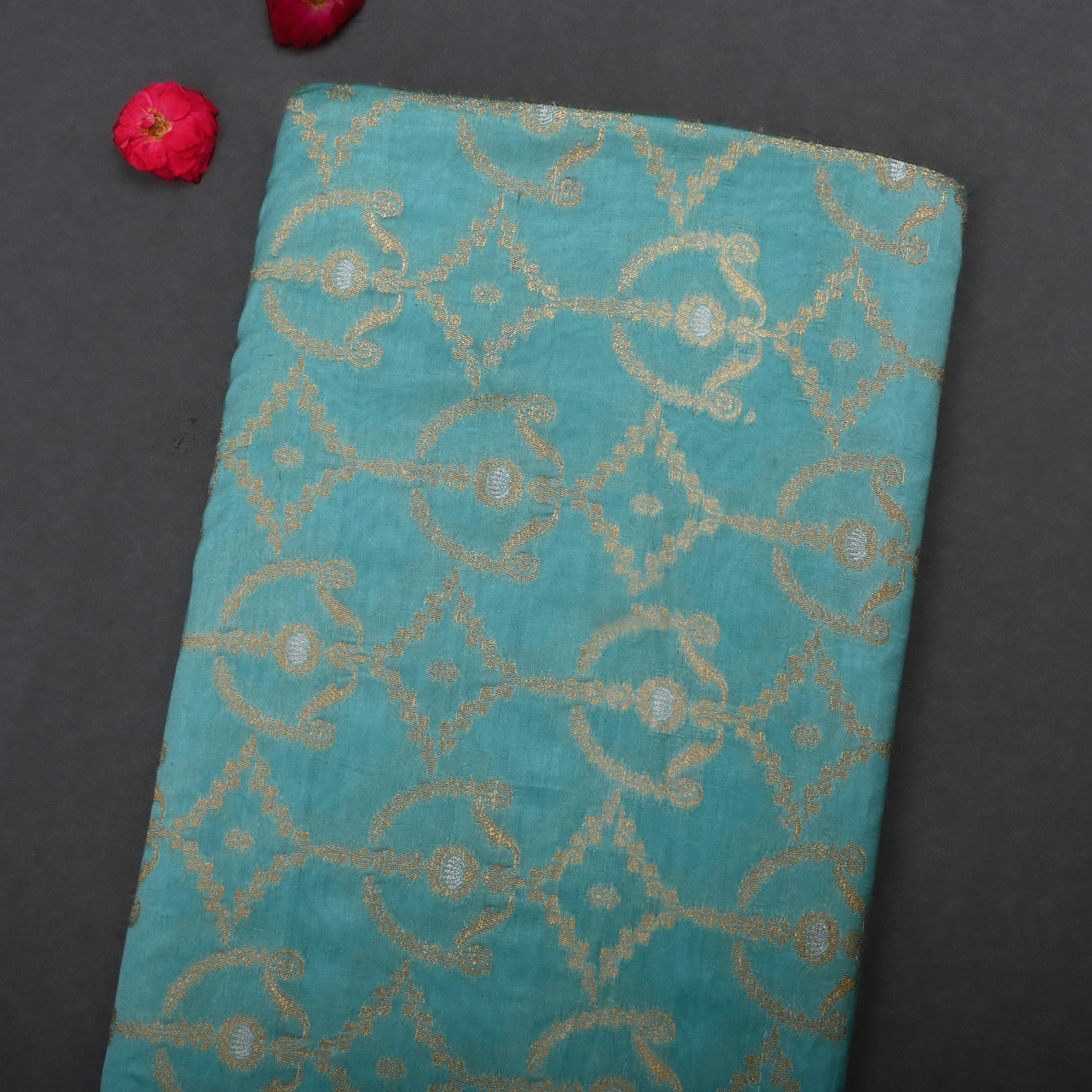 Sea Turtle Green Jamawar Silk Fabric With Woven Patterns