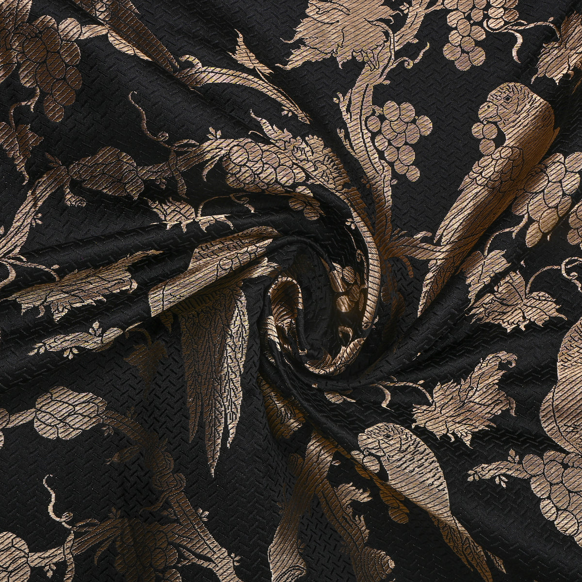 A Charcoal Black Gold Zari Parrot Grapevine Jamawar Silk Fabric