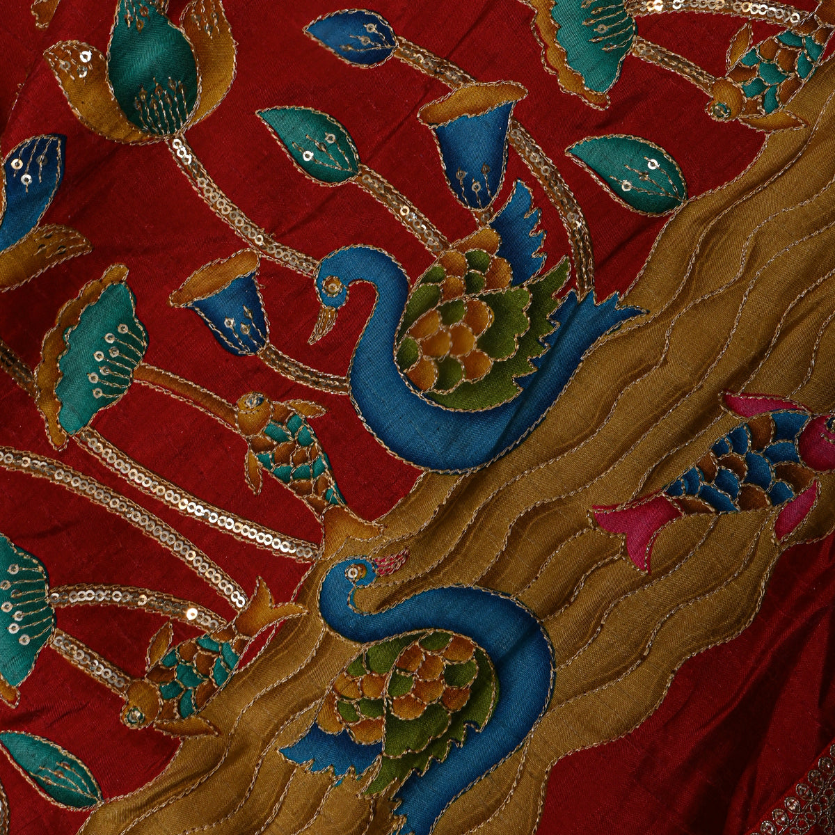 Garnet Red Swan Lotus Sequin Printed Embroidery Dupion Silk Fabric