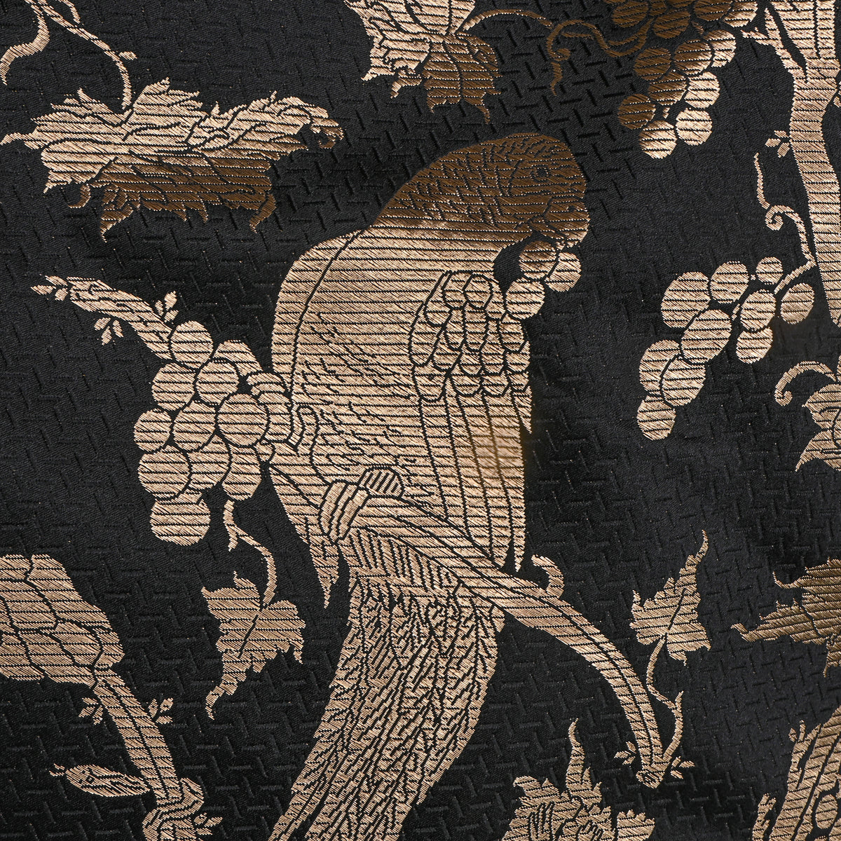 A Charcoal Black Gold Zari Parrot Grapevine Jamawar Silk Fabric