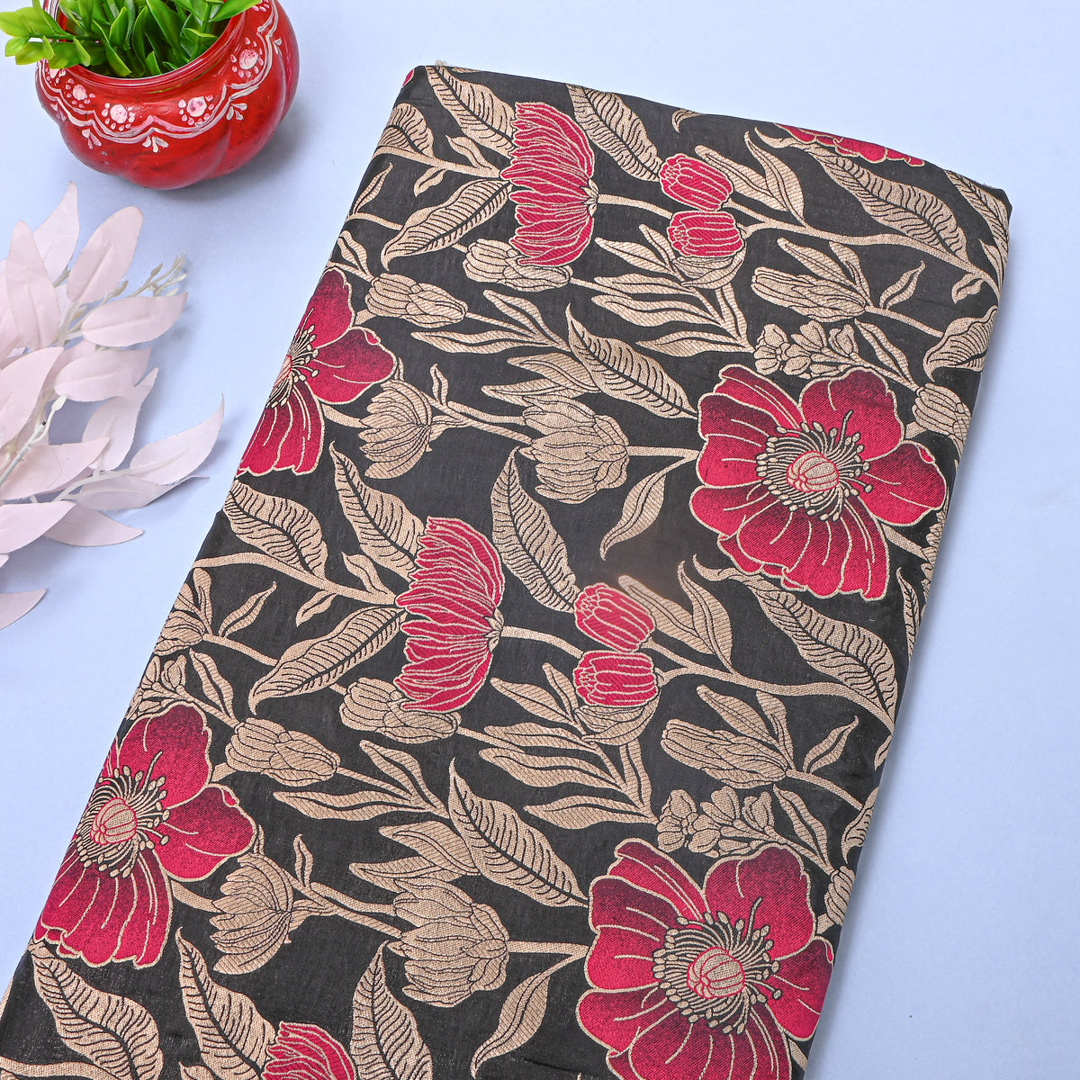 Ink Black Gold Zari Poppy Floral Jamawar Silk Fabric