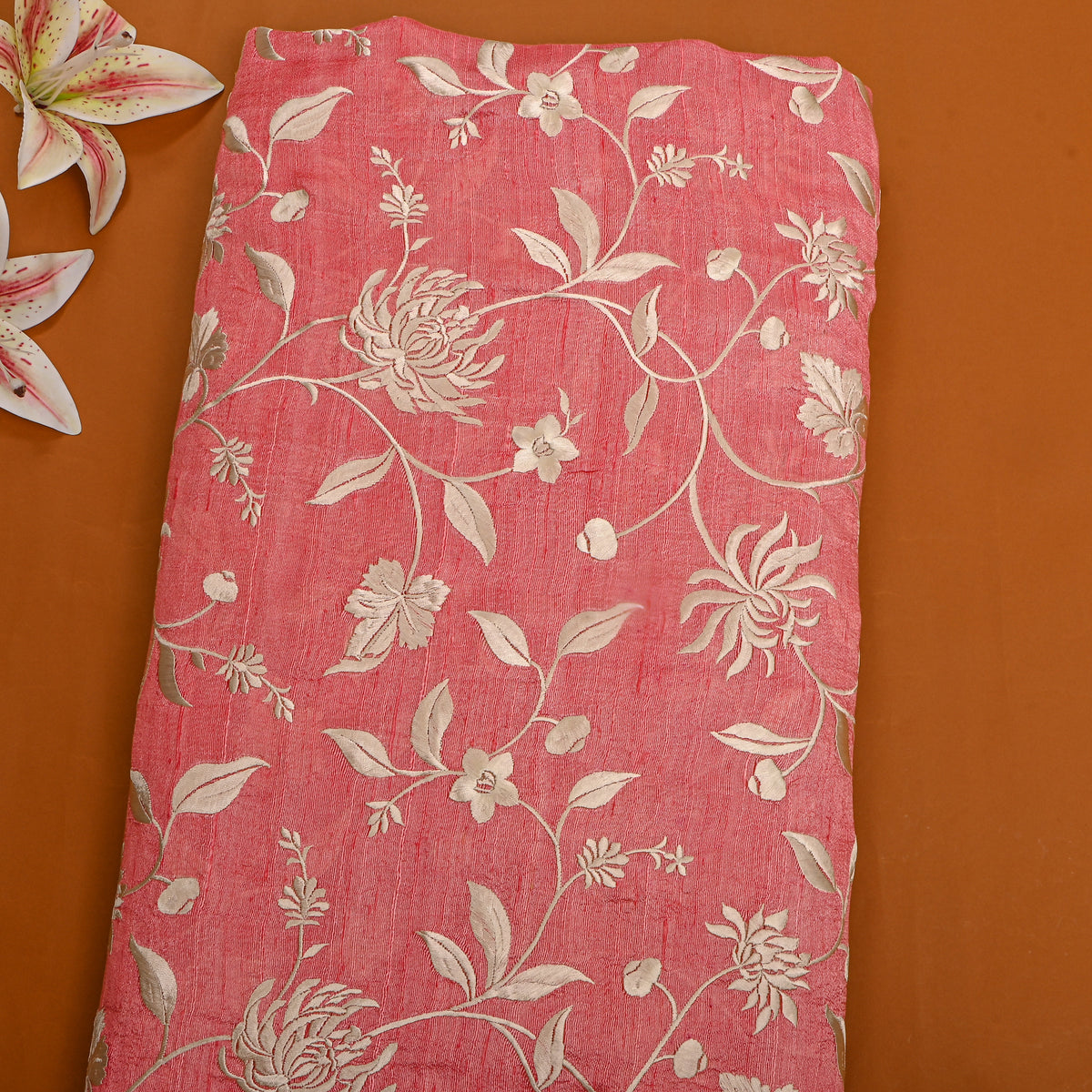 Rose Pink Floral Jaal Thread Work Raw Silk Fabric