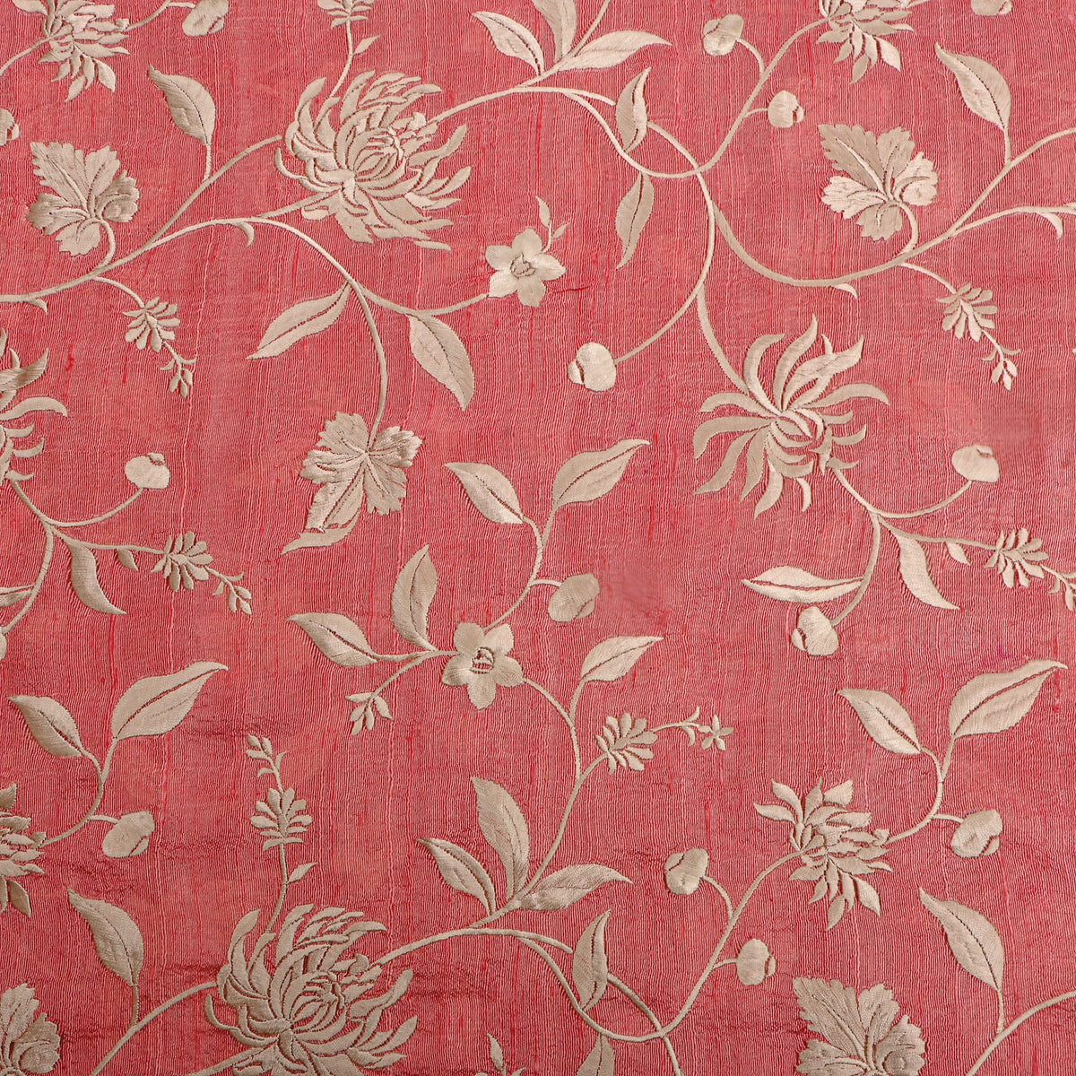 Rose Pink Floral Jaal Thread Work Raw Silk Fabric