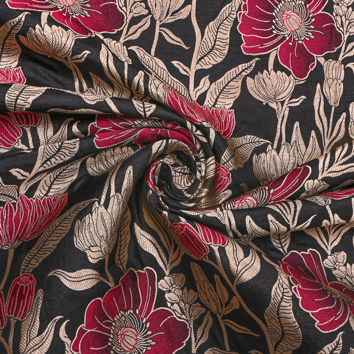 Ink Black Gold Zari Poppy Floral Jamawar Silk Fabric