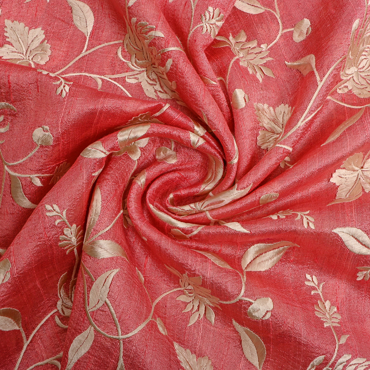 Rose Pink Floral Jaal Thread Work Raw Silk Fabric